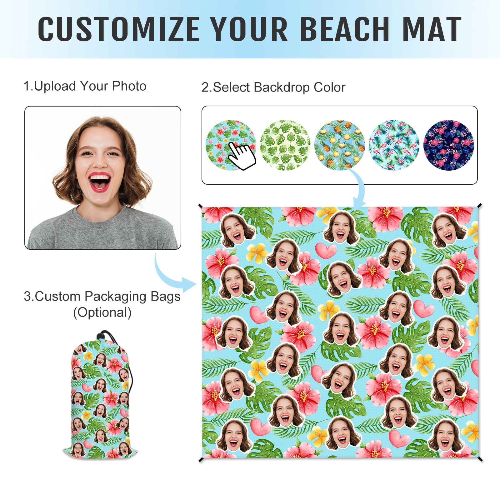 AIOMXZZ Beach Blanket, Personalized Large Mat with Face Photo, Waterproof Sand Free Beach Essentials for Family Adults, Custom Gifts for Women Men, Packable Blanket for Travel Vacation