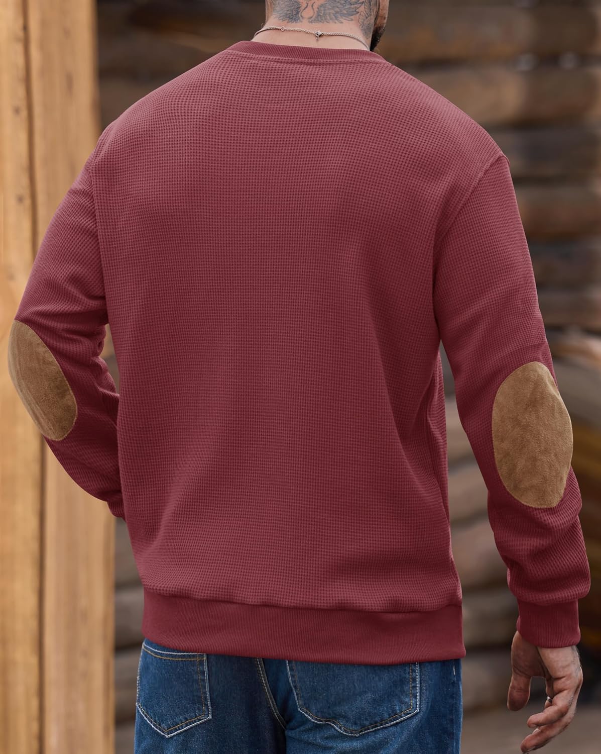 Men Waffle Elbow Patch Shirt Western Long Sleeve Fall Pullover(S-2XL) - Image 5