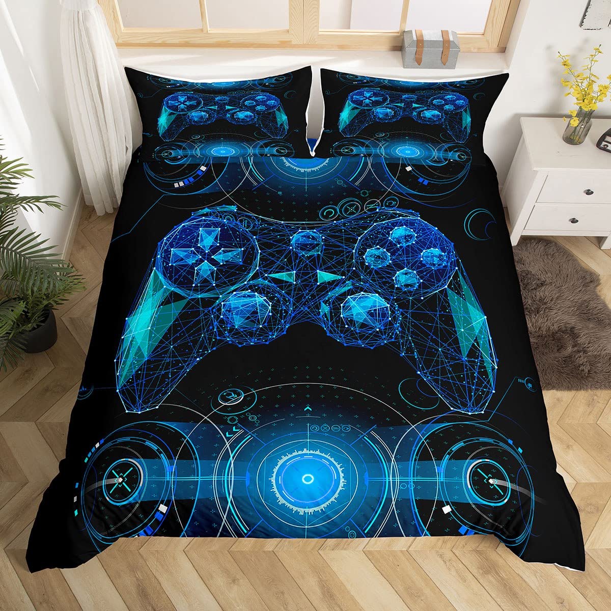Homewish Gamer Comforter Cover Gaming Bedding Set,Video Games Duvet Cover Sets For Children Boys Girls,Gamepad Design Quilt Cover Youth Man Bedroom Decor,King Size,Black Blue