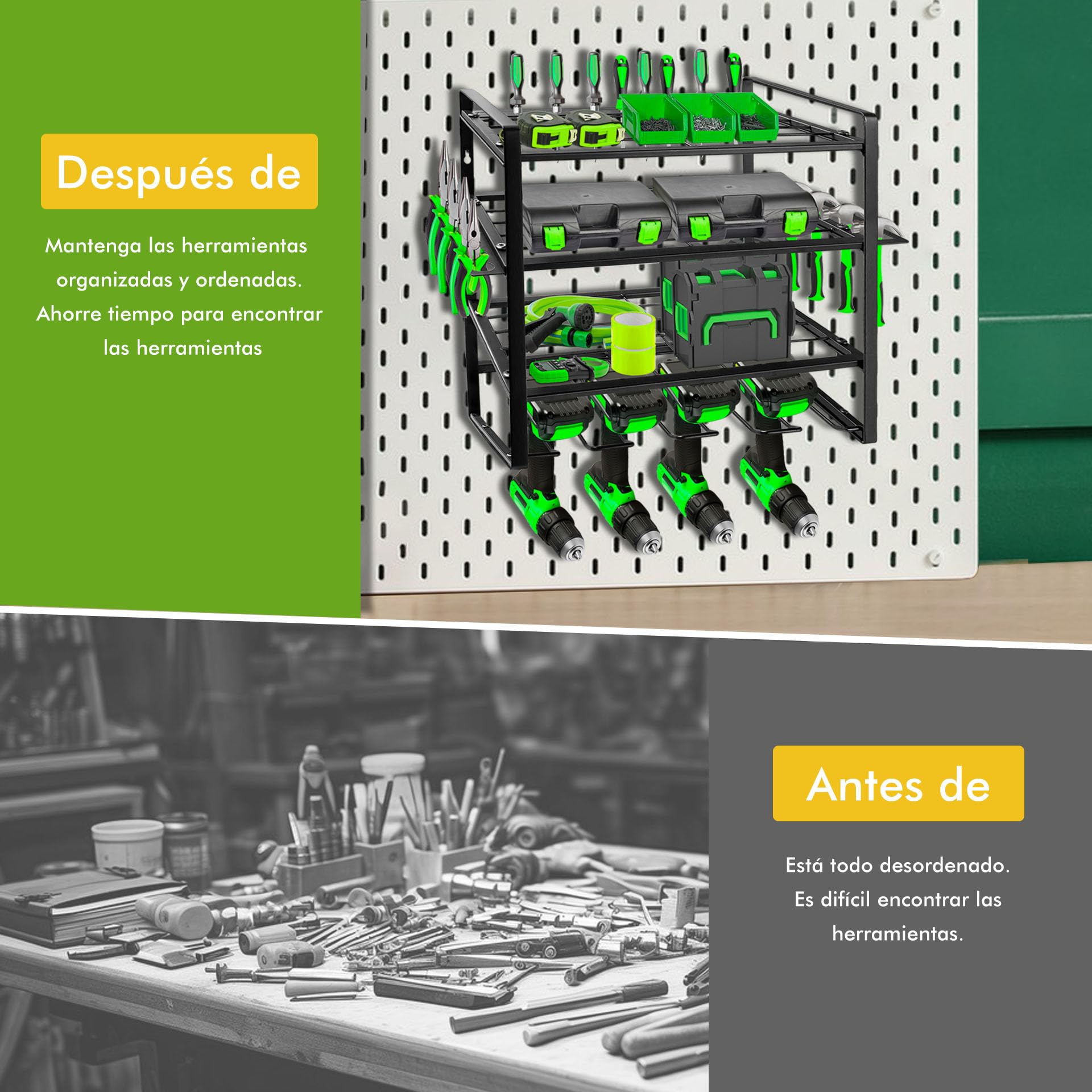 Mimoke Estantería de Pared para Herramientas - Organizador de para Herramientas Eléctricas y Taladros para Garaje y Taller (4 niveles)