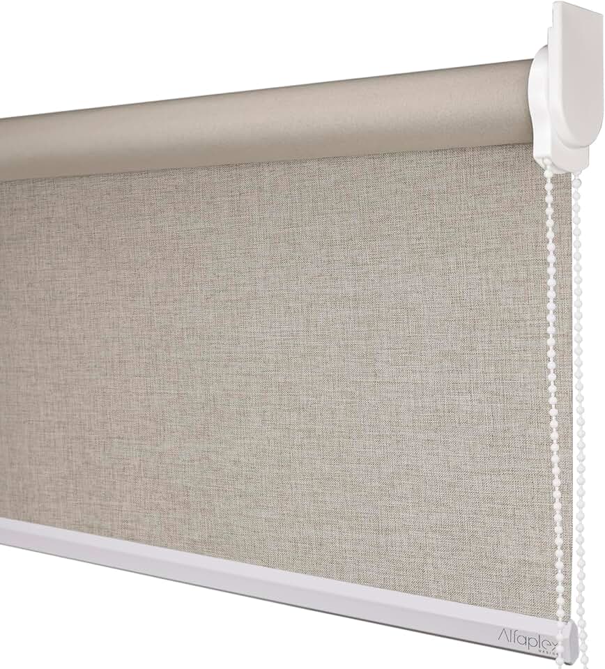 Cortina Persiana de Rolo, Rollon, rolô Blackout, black out, blacaute (Linho Bege - Acabamento Branco, 2,40 (lar) x 1,50 (alt) - SEM BANDÔ)