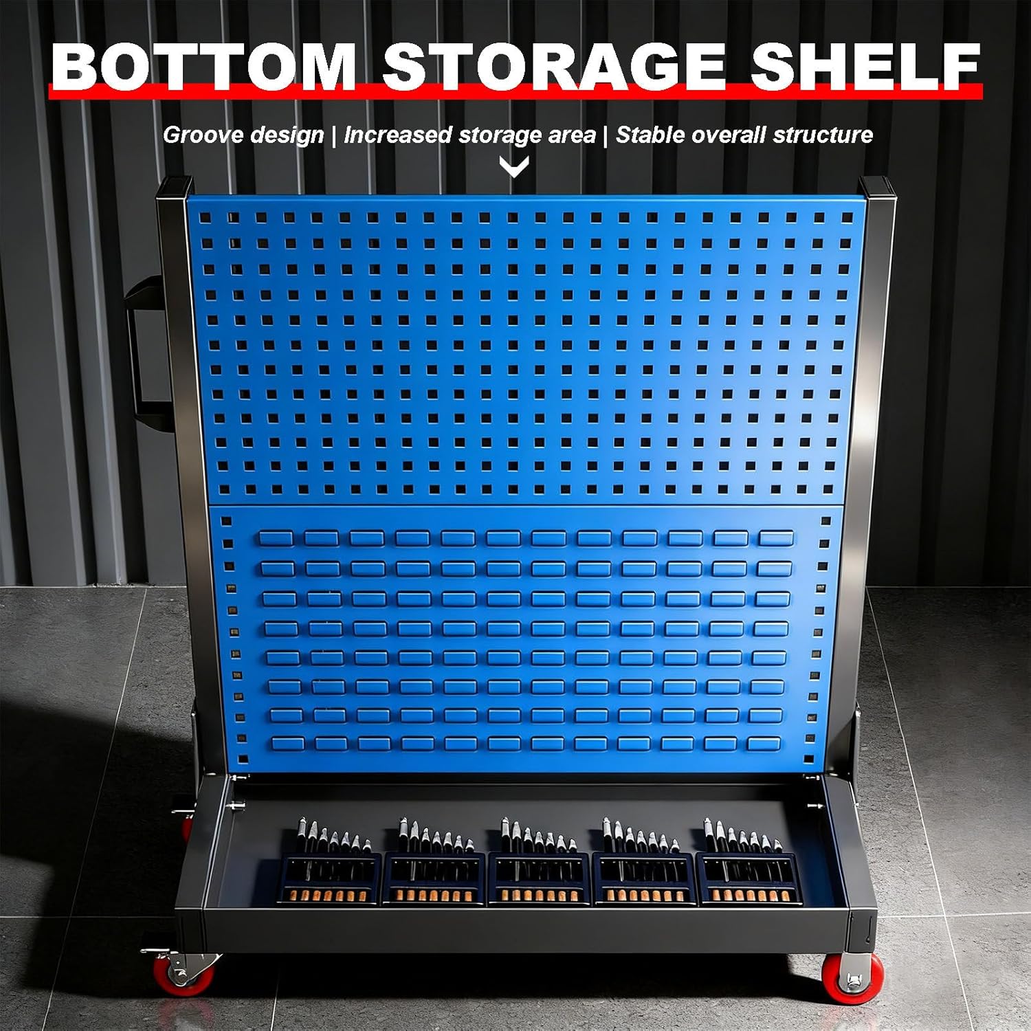 Heavy Duty Garage Shelving Unit with Locking Casters, 20kg Capacity per Shelf, Tool Organizer Rack with Bottom Storage & Side Handles, 4-Tier for Workshop Organization