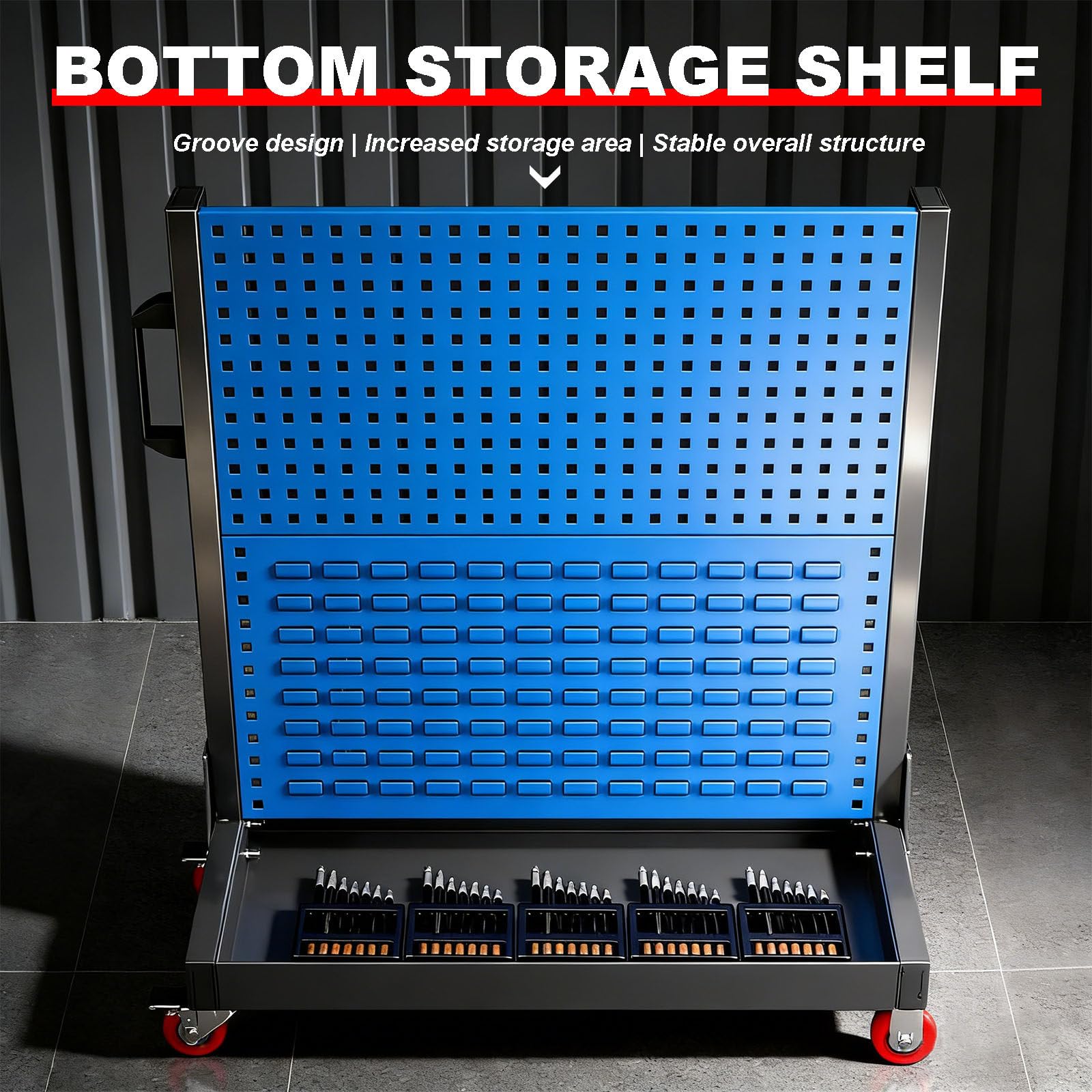 Estante Herramientas Modular, Estante de Almacenamiento para Garaje con Tablero Perforado y Ruedas con Frenos, Carro de Banco de Trabajo Móvil para Fácil Acceso en Taller de Garaje Fábrica 2Tier