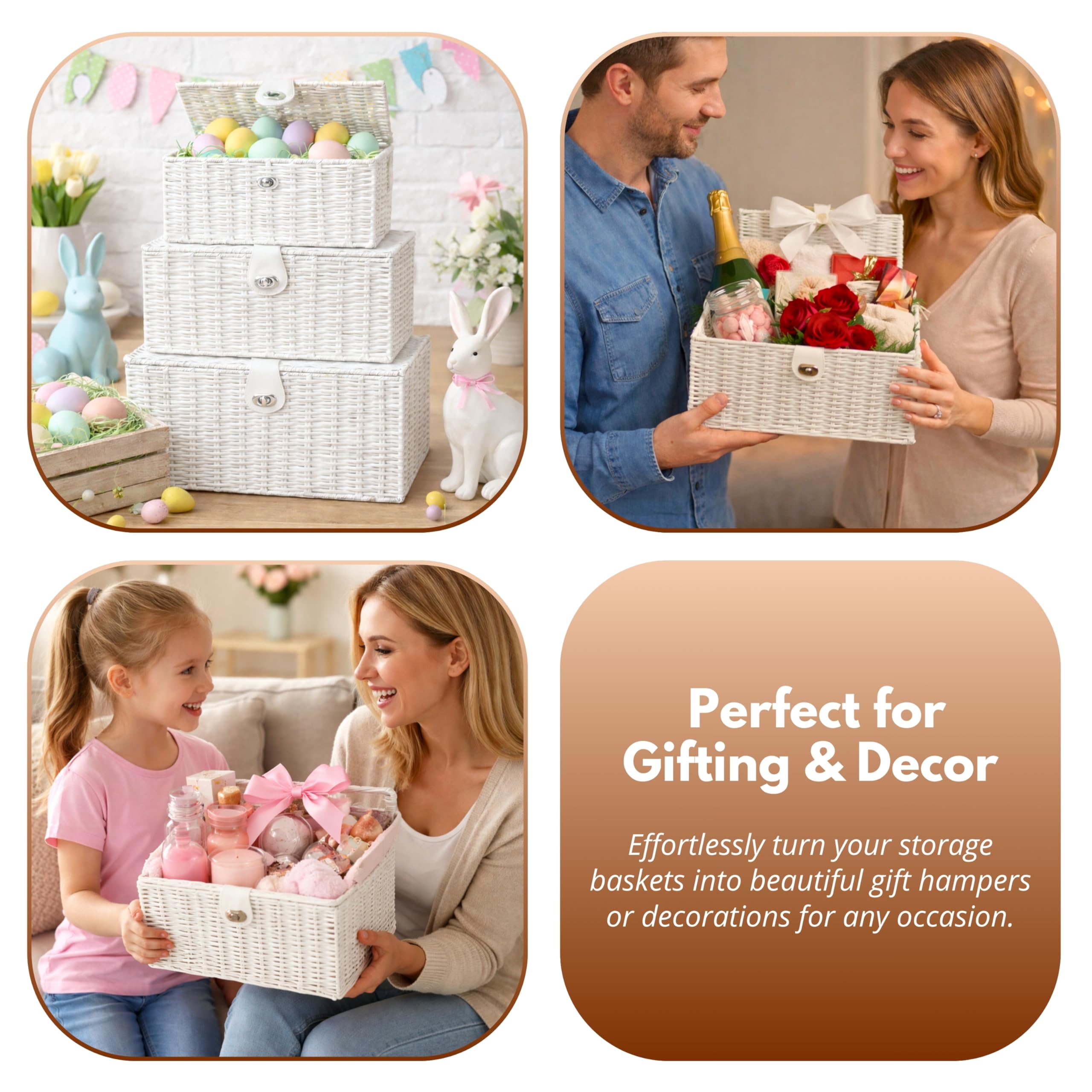 HomeZone Set of 3 White Storage Baskets with Lids & Turn Lock