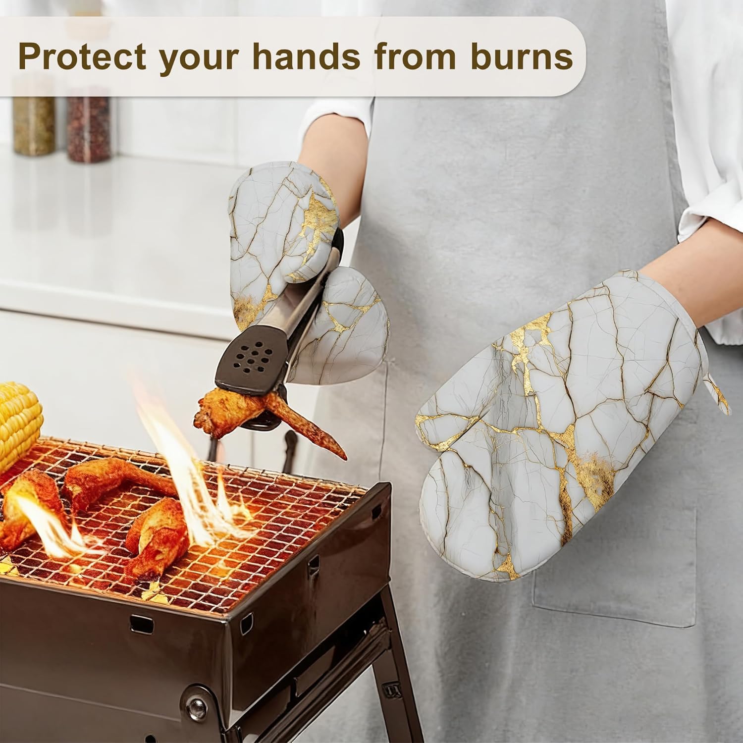 White Gold Marble Oven Mitts and Pot Holders Sets,Silicone Abstract Kitchen Mitts Potholders Heat Resistant 4Pcs Oven Gloves Hot Pads for Kitchen Baking Cooking