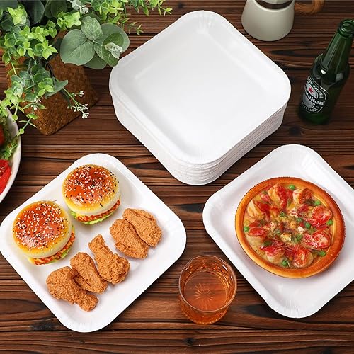 Miniatura 6 de Mifoci 100 platos de papel desechables cuadrados de 9 pulgadas, platos de aperitivo a granel, platos de postre, platos de pastel para cumpleaños,