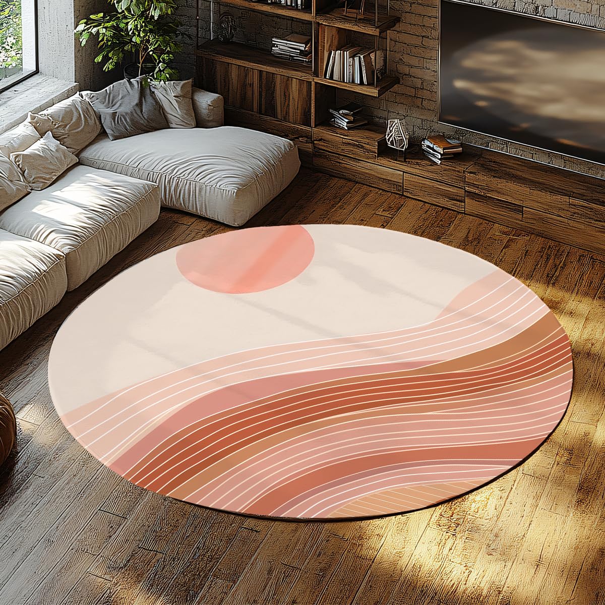 Tapis rond 240cm coucher de soleil pour chambre scandinave lavable