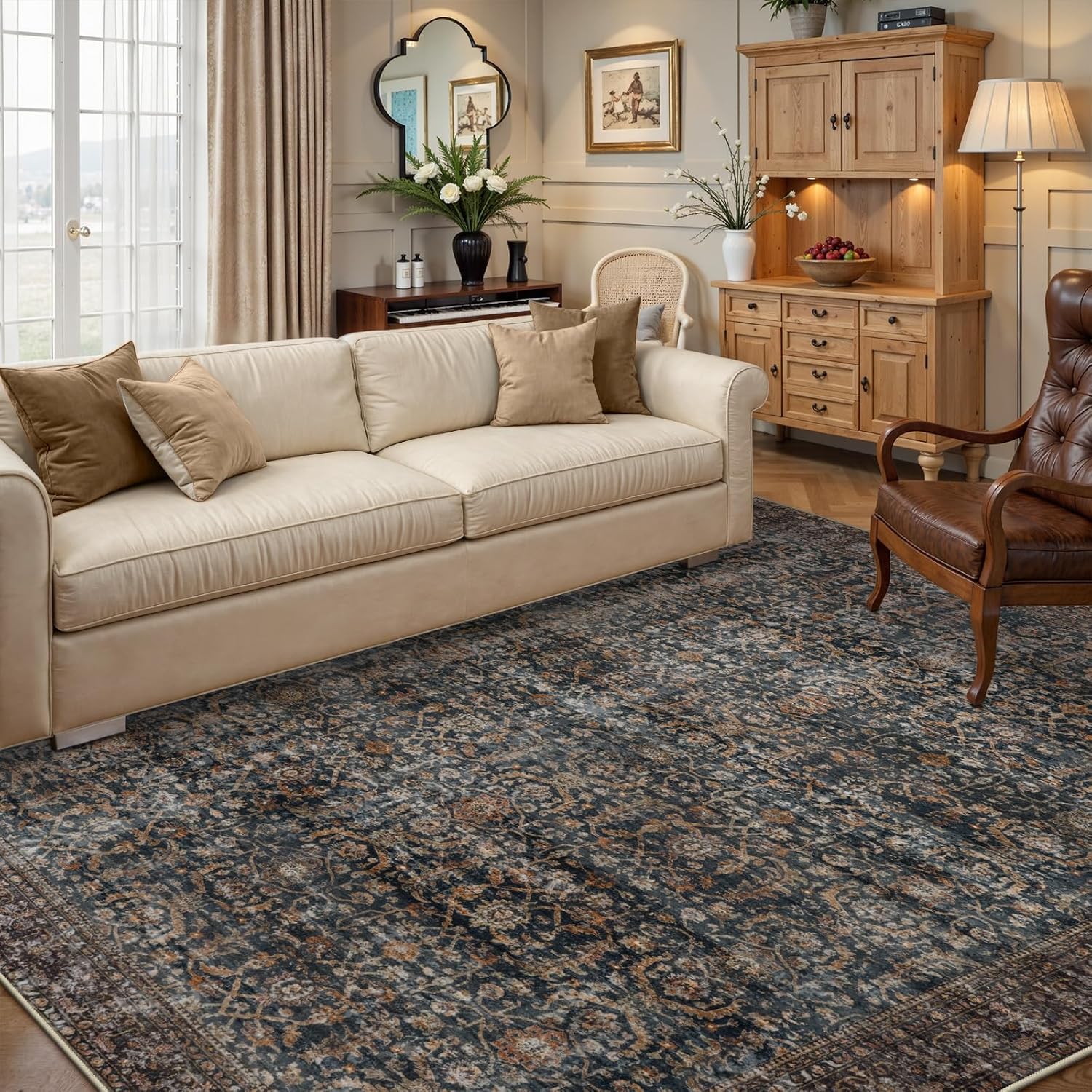 Collive Washable Area Rug 8x10, Antique Distressed Rugs for Living Room, Vintage 8x10 Non Slip Farmhouse Modern Bedroom Carpet Stain Resistant Print Accent Floor Mat for Dining Office - Brick