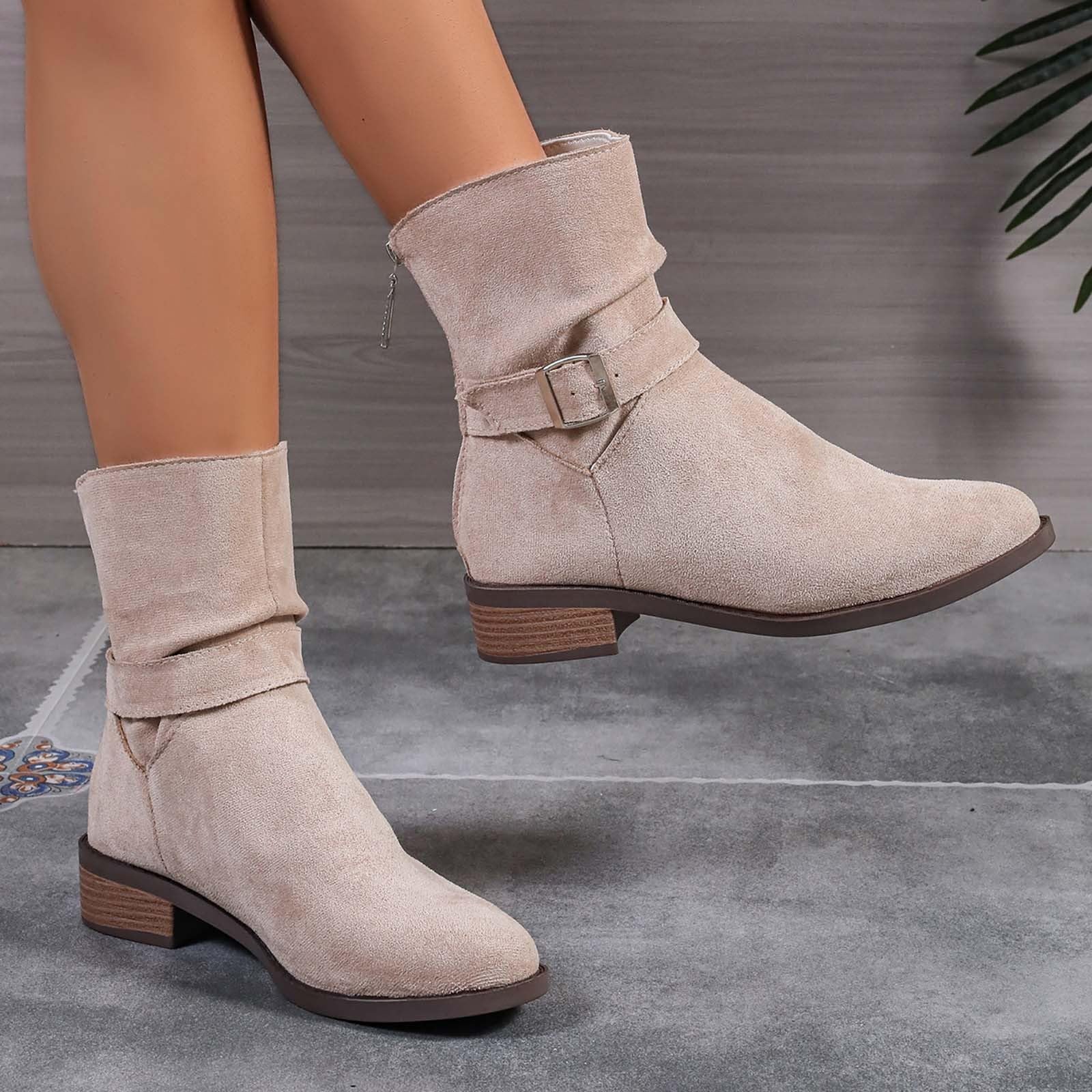 Stivali corti da donna eleganti con tacco corto, in pelle scamosciata, stivaletti da donna Chelsea, comodi stivali western con fibbie, stivali da equitazione retrò a punta