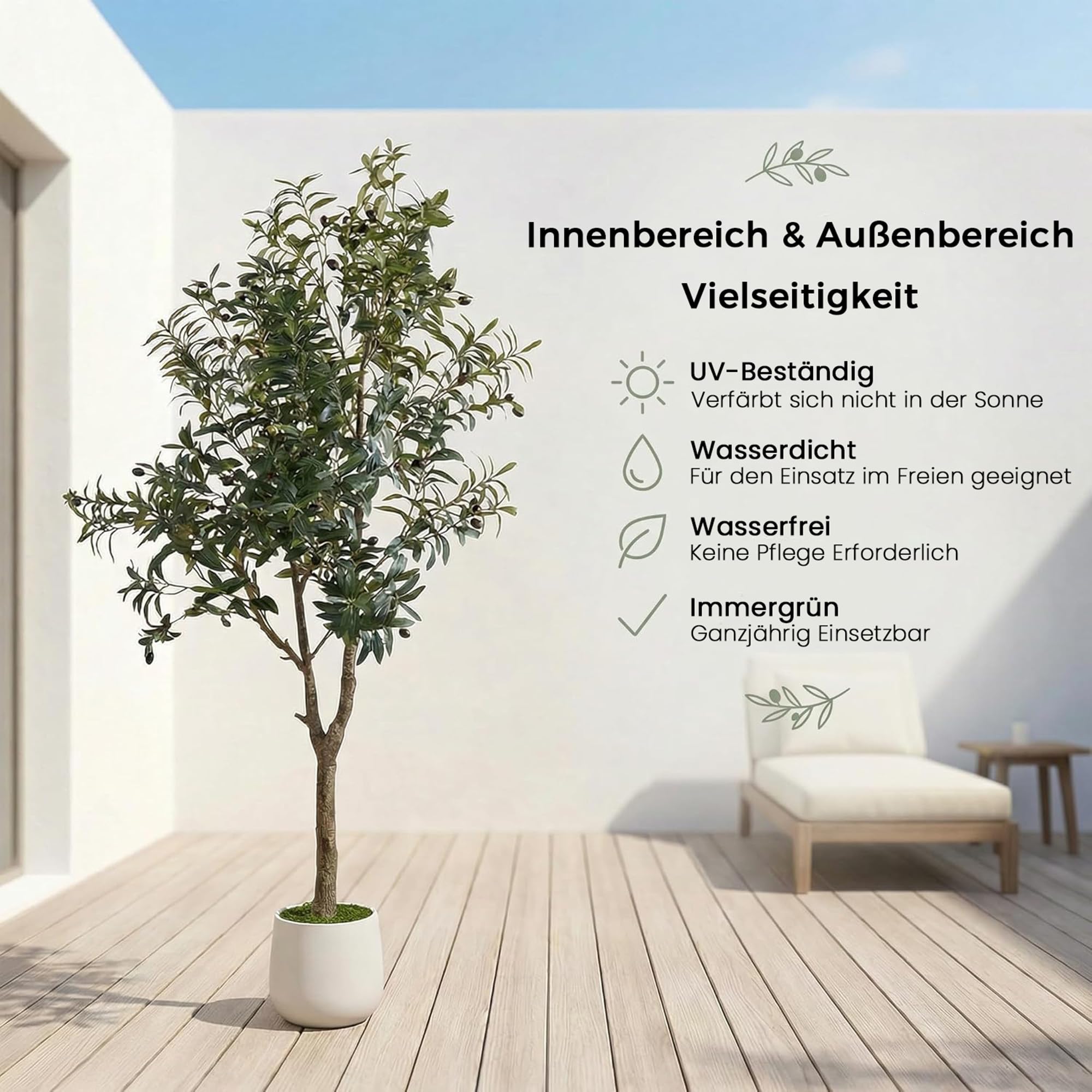 ZKIODV Olivenbaum Künstlich 180cm, Fake Olive Baum mit Lebensechter Früchten, Kunstpflanze Groß mit Weiß Topf, UV Beständig, Künstliche Pflanzen wie Echt für Büro Wohnzimmer Dekor, Faux Olive Tree