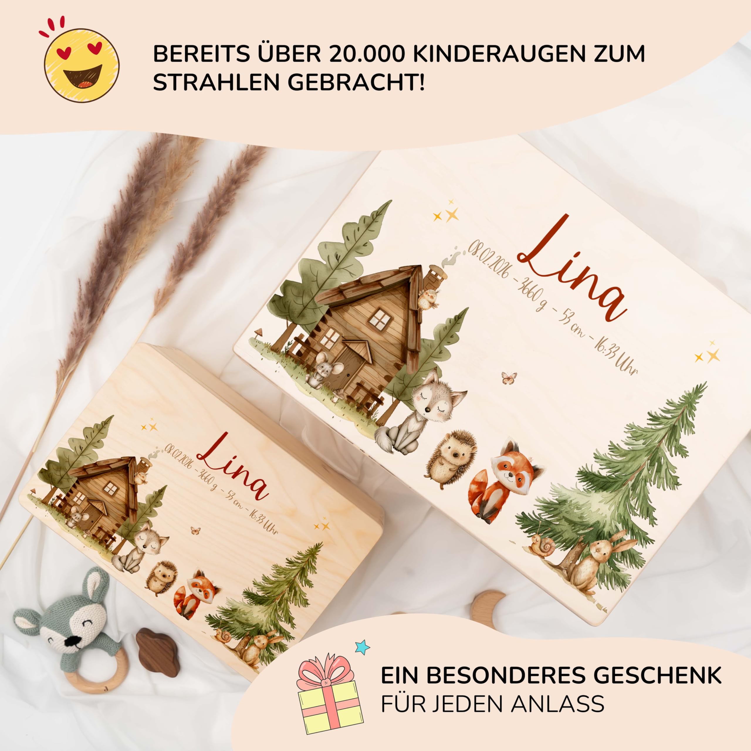 KIDSMOOD - Erinnerungsbox Baby, personalisierte Holzkiste mit Deckel, Ideal zur Aufbewahrung von Erinnerungen und als Geschenk zur Geburt, Taufe oder als Geburtstagsgeschenk für Mädchen und Jungen