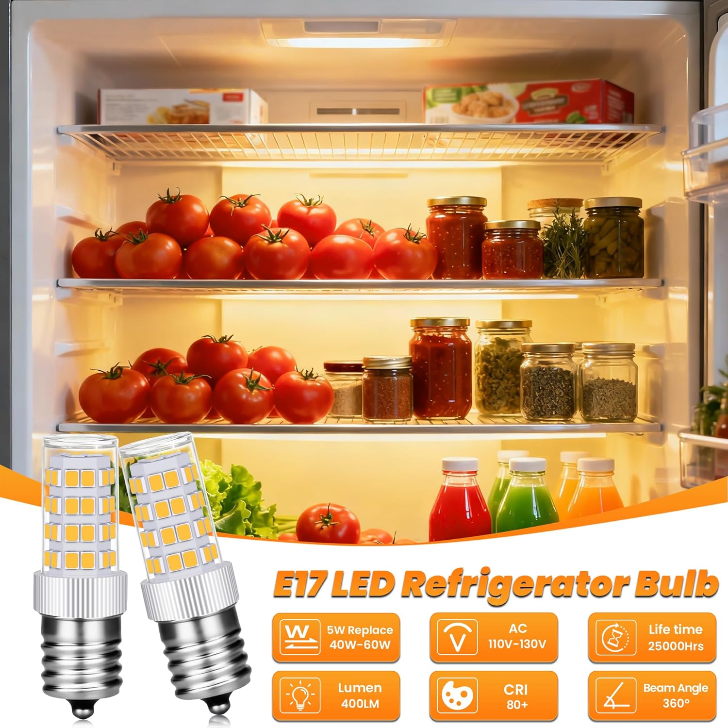 Akynite E17 LED Bulb Dimmable, 5W Microwave Light Bulb Under Hood, 120V Warm White 3000K 400LM, 40W-60W Halogen Bulb Replacement for Over Stove, Microwave, Appliance, Range Hood, Refrigerator, 2 Pack