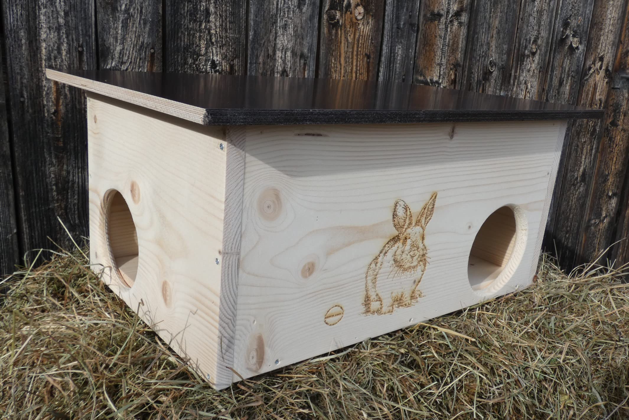 XXXL Premium Hasen und Kaninchenhaus * kein Bausatz * Hasen Spielhaus Haus 20mm Vollholz Naturbelassen 62cm x 40cm x 29cm Herstellung in Niederbayern