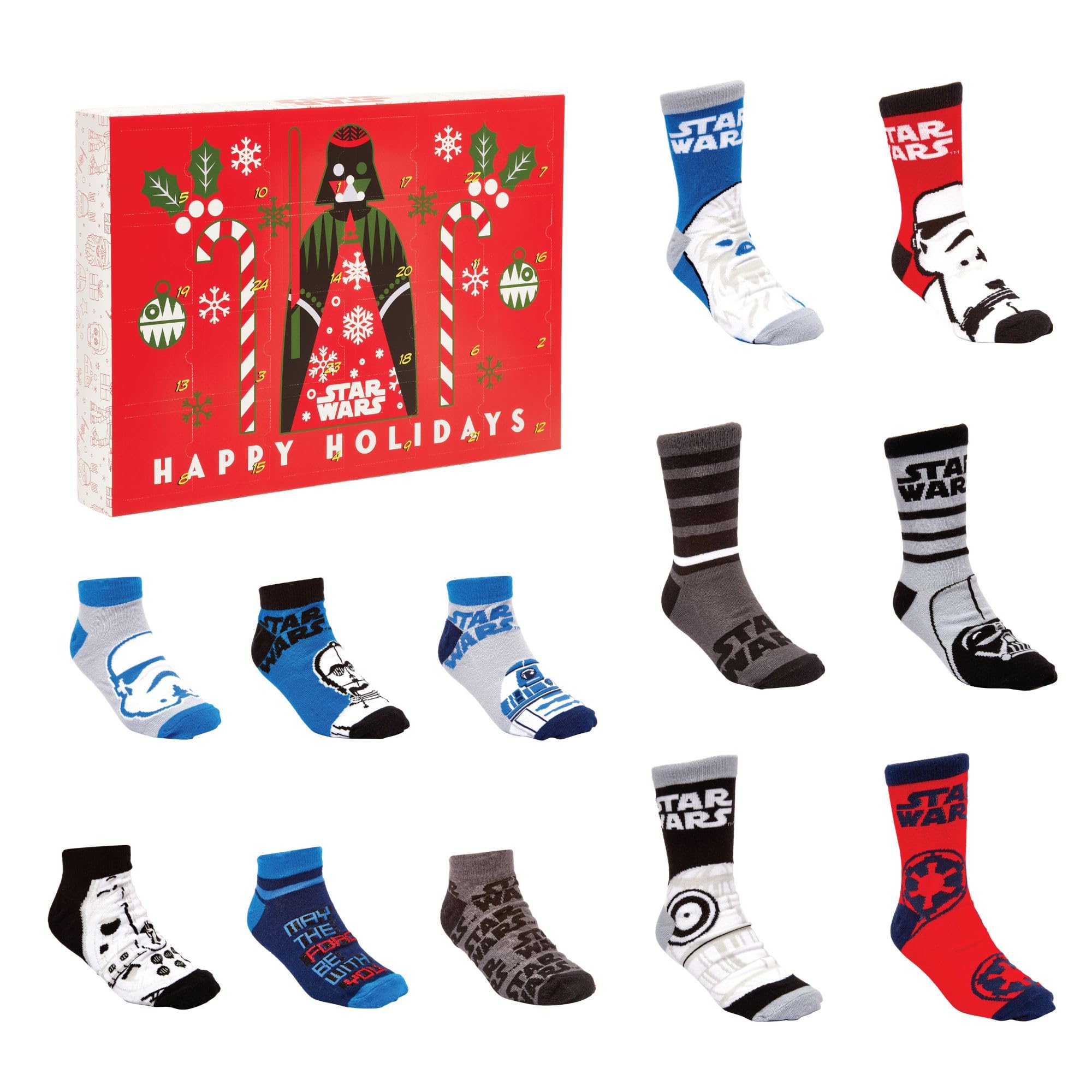 Star Wars Sock Advent Calendar 2025 Kids - Christmas Advent Calendar with 24 Days, 12 Pairs (1 Sock a Day) EU 31-34 Cotton Ankle & Trainer Socks, Character Designs for Christmas Countdown Gifts