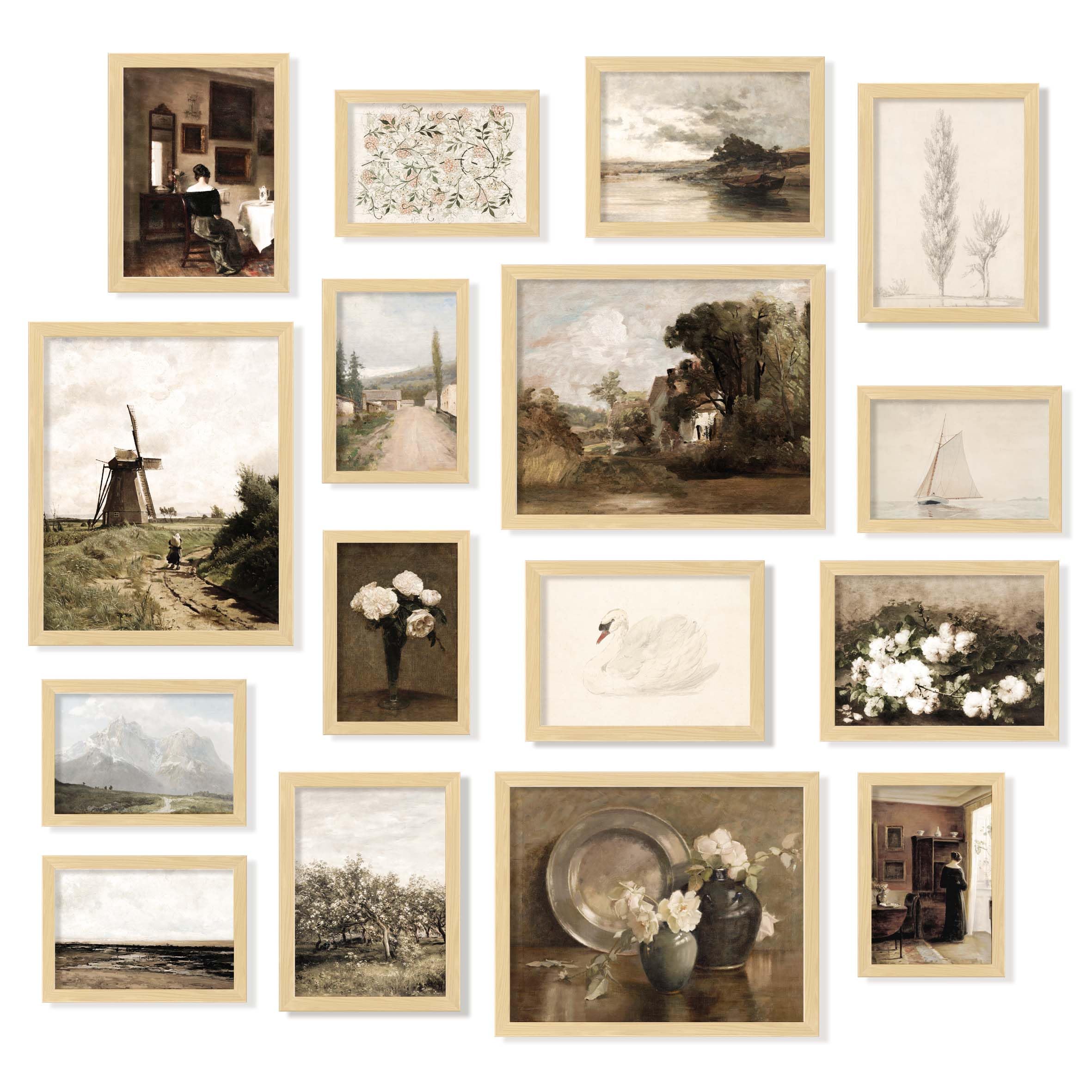 97 Decor Framed Vintage Wall Art, 16 Botanical Prints, Beige Frame