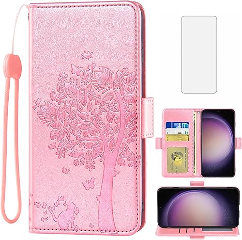 Asuwish Compatible con Samsung Galaxy S23 5G - Funda tipo cartera de vidrio templado, protector de pantalla con correa para la muñeca, soporte para
