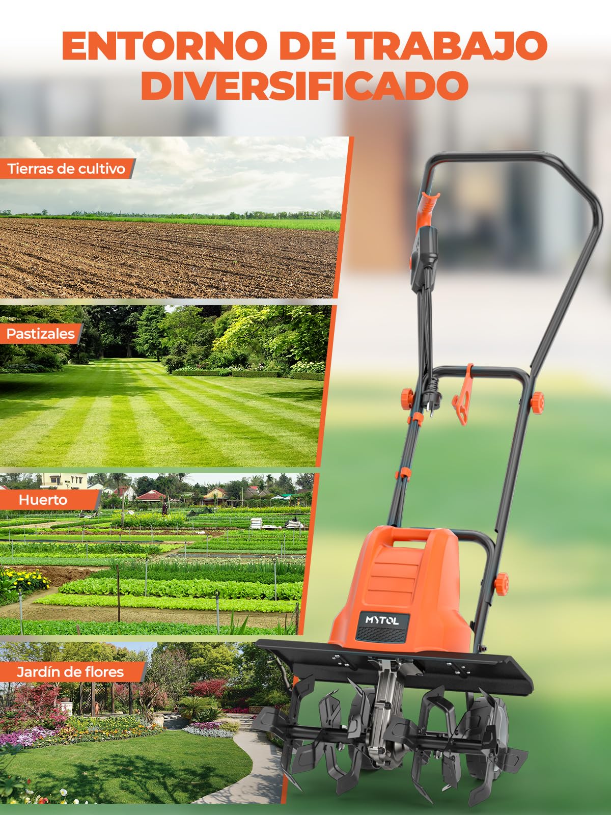 Motoazada 1500W, Ancho de Trabajo 45cm, Profundidad 22cm, Motocultor Ligera con 6×4 Púas de Acero Resistente, Mango Plegable, Doble Botón de Seguridad, Protección contra Sobrecalentamiento