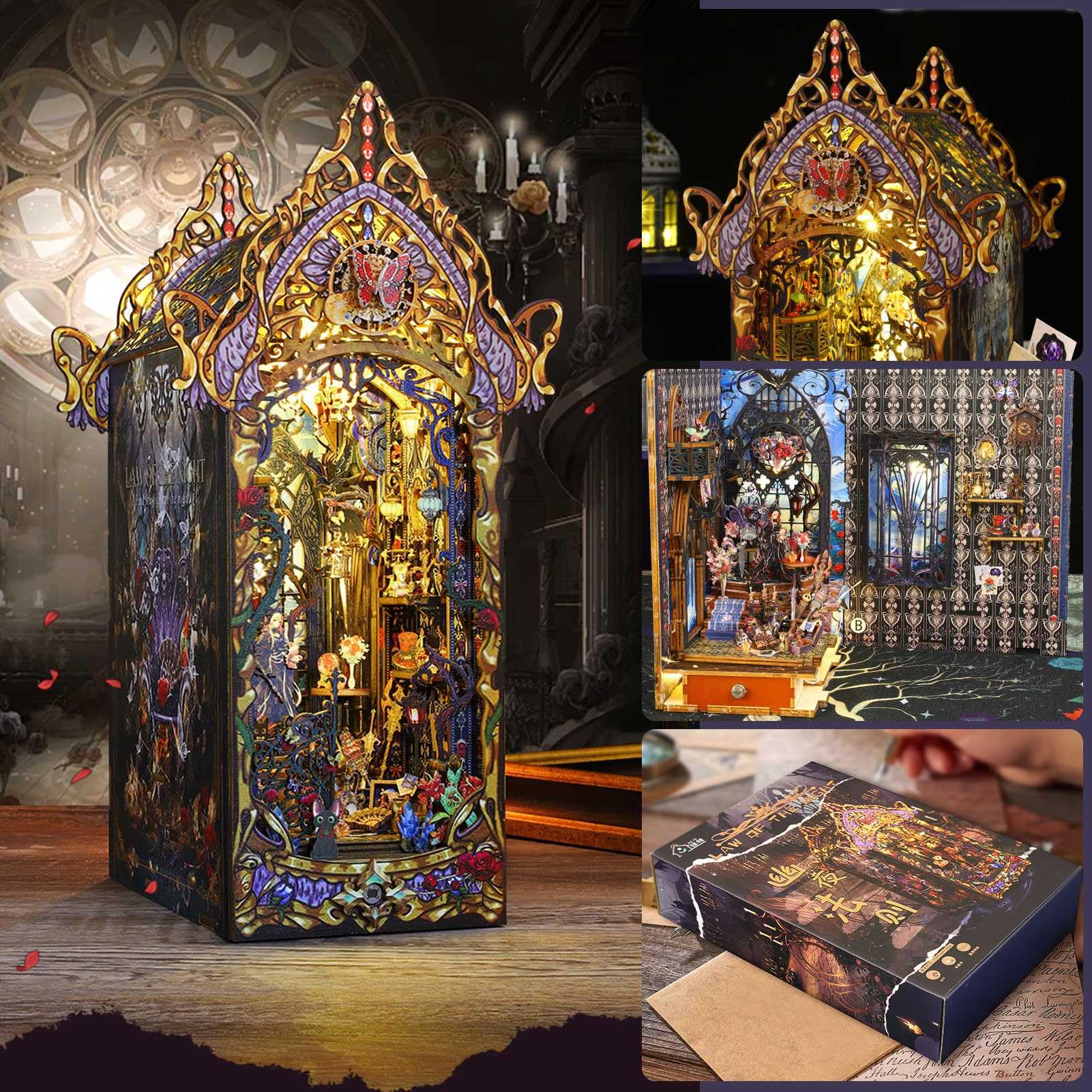 Zestaw edukacyjny DIY drewniane podpórki do domku dla lalek, zestawy do kącików książek ze światłem LED, zestaw modeli do budowania puzzli 3D, miniaturowe rękodzieło zamkowe do dekoracji półek na ksią