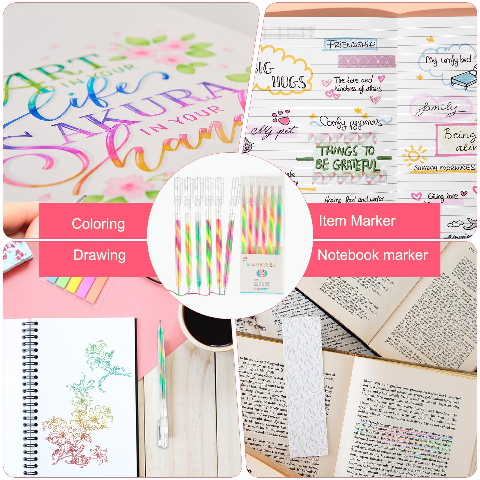 Amaxiu Lot de 6 stylos à encre gel à paillettes arc-en-ciel - Mélange de 3 couleurs - Stylos à gribouiller - Pour enfants et adultes - Pour livres de coloriage, dessin, travaux manuels