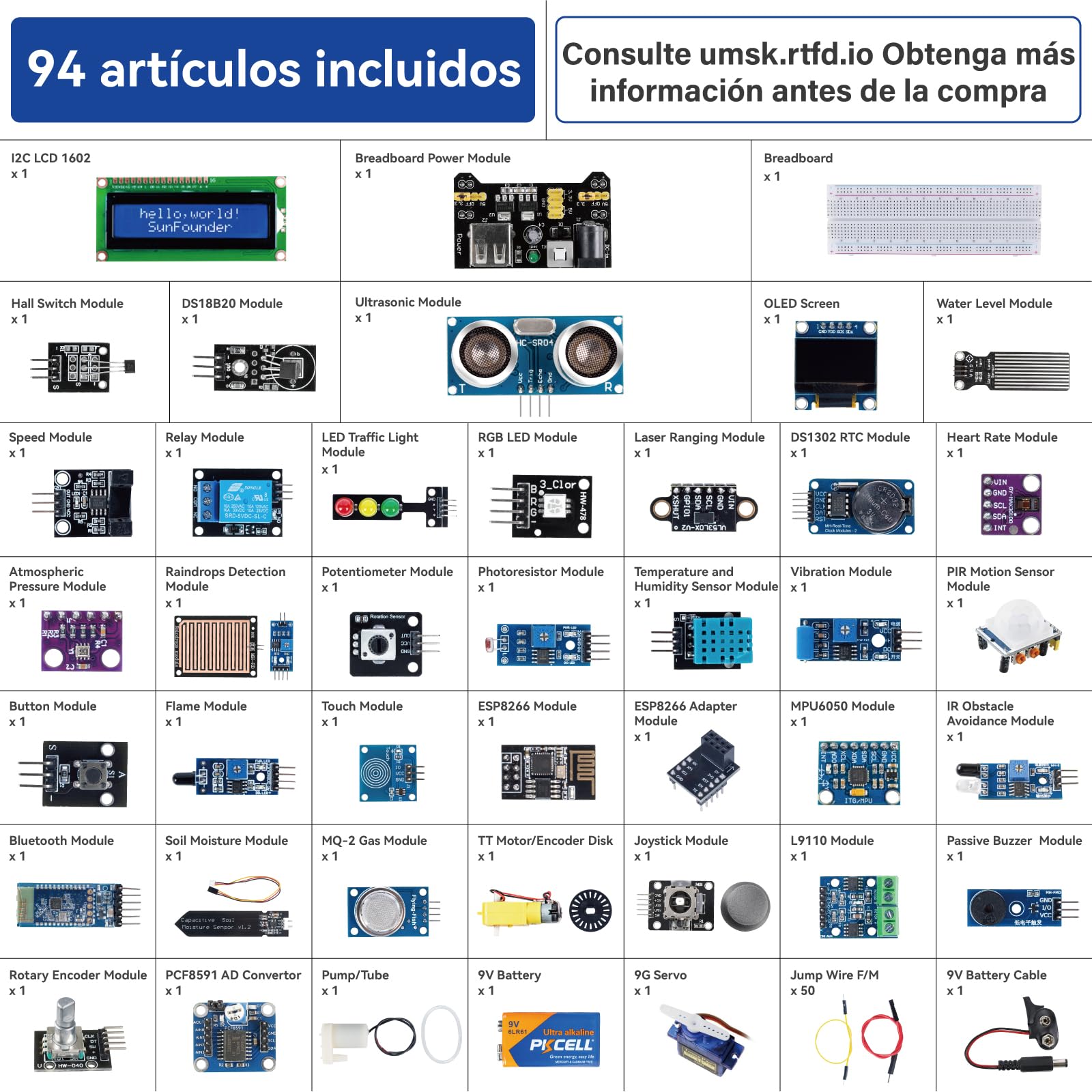 SunFounder Kit de Sensor Universal Compatible con Arduino Mega/R3/R4 Minima/WiFi Nano, Raspberry Pi 5/4B/3B+/Zero 2 W/, Pico W, ESP32, C++, Python, MicroPython, Principiantes e Ingenieros