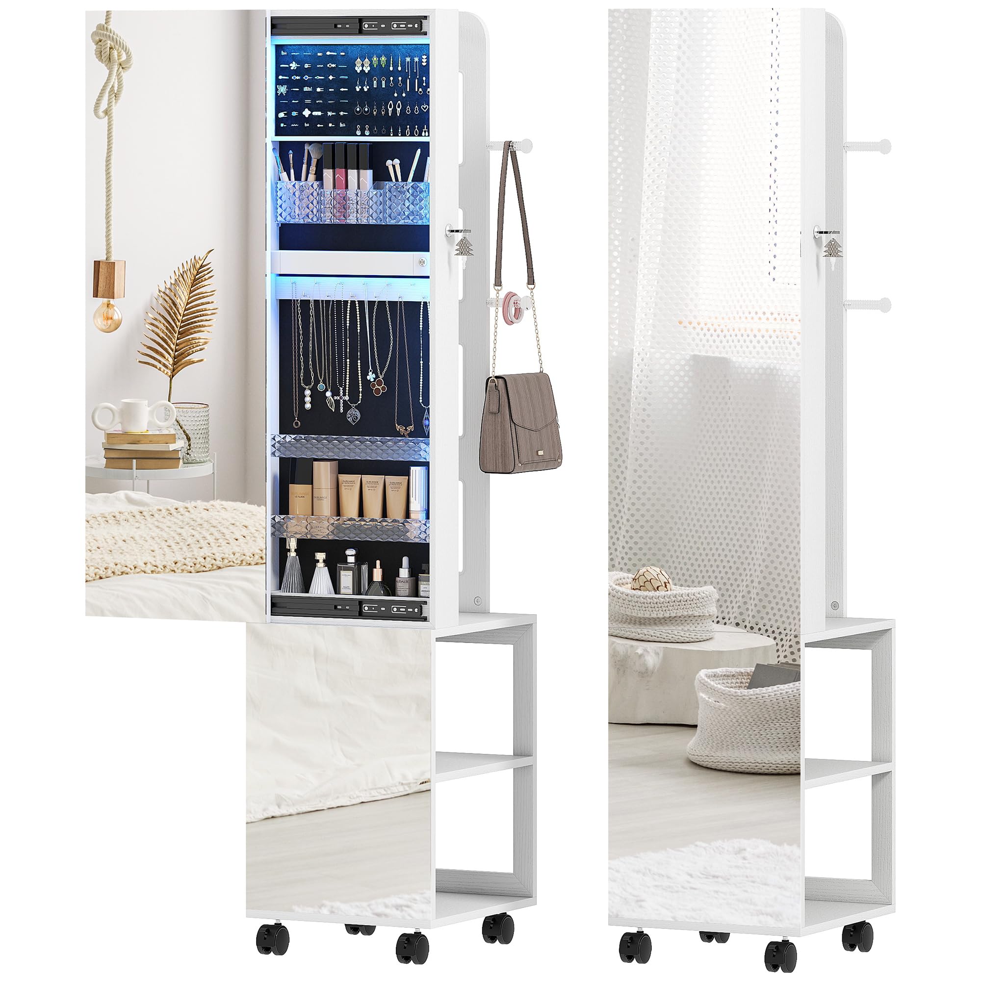 HOMCOM Armario de joyas con espejo, bloqueable 360°, marco blanco | Organizador de joyas giratorio con iluminación LED, para dormitorio/vestidor, forro negro
