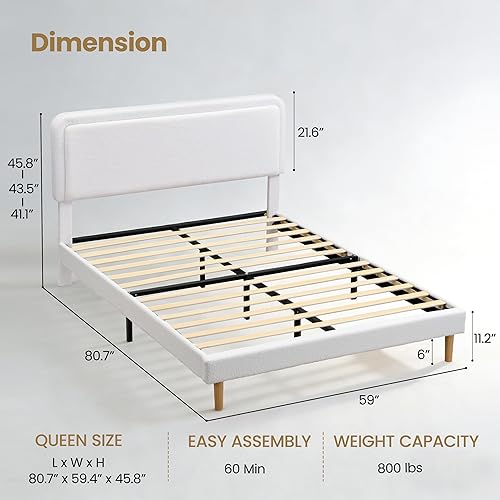Miniatura 2 de Base de cama de nube de tamaño Queen con cabecera tapizada ajustable, marco de cama Queen moderno con cabecero, marco de cama tapizado de boucle