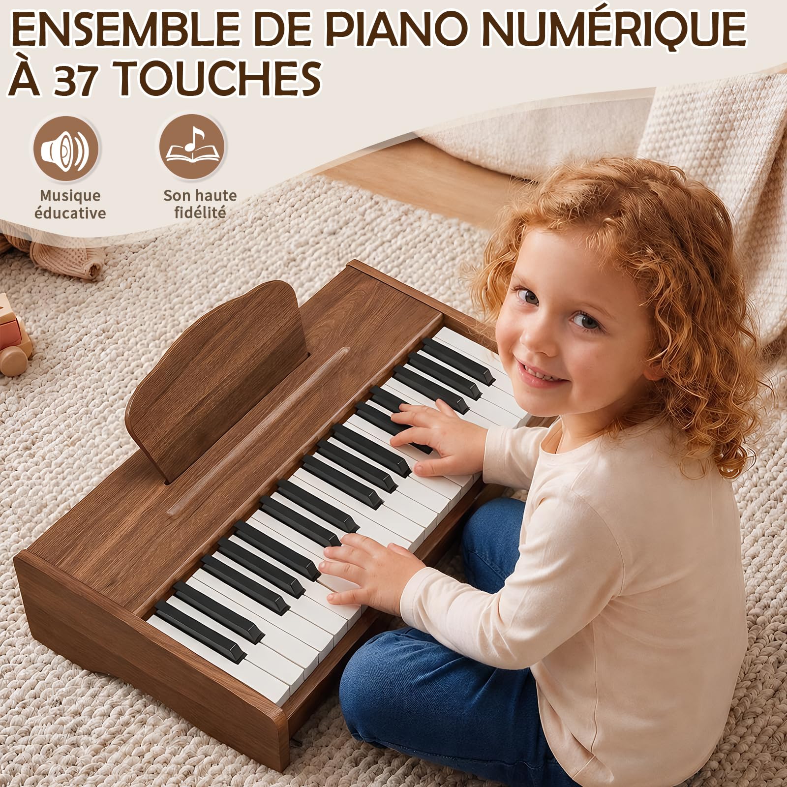 Piano Numérique Enfants 37 Touches, Instrument Éducatif de Musique (Noyer)