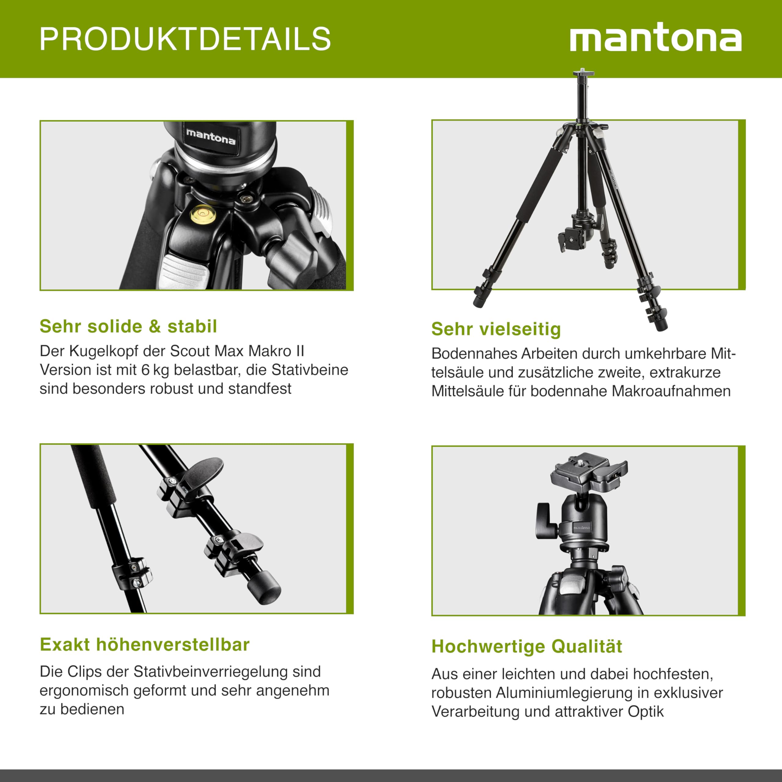 Mantona Treppiede fotografico Basic Scout Max Makro II - 90 x 90 x 615 mm - altezza di lavoro fino a 153 cm/carico max. 6 kg - con testa a sfera, reversibile e seconda colonna centrale - Da viaggio