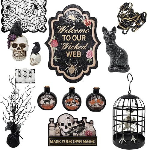 Wicked Web - Paquete de decoración de Halloween de 21 piezas, gato negro, esqueleto de cuervo, calaveras, botellas de poción, letreros, mantel de