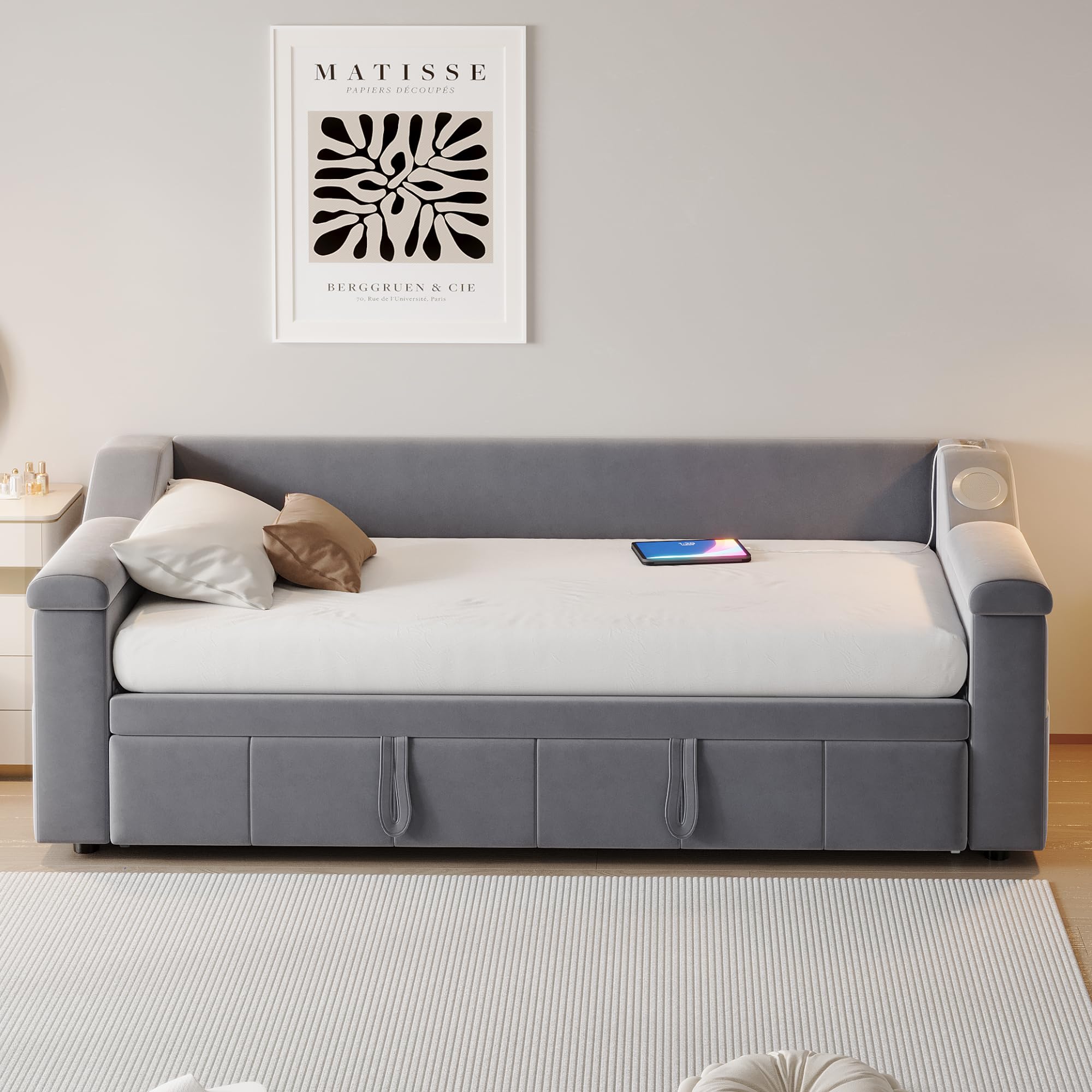 Cama acolchada, sofá cama, reposabrazos anchos y gruesos, con sistema estéreo Bluetooth inteligente, con puerto de carga USB, con compartimentos de almacenamiento, con somier, tela de