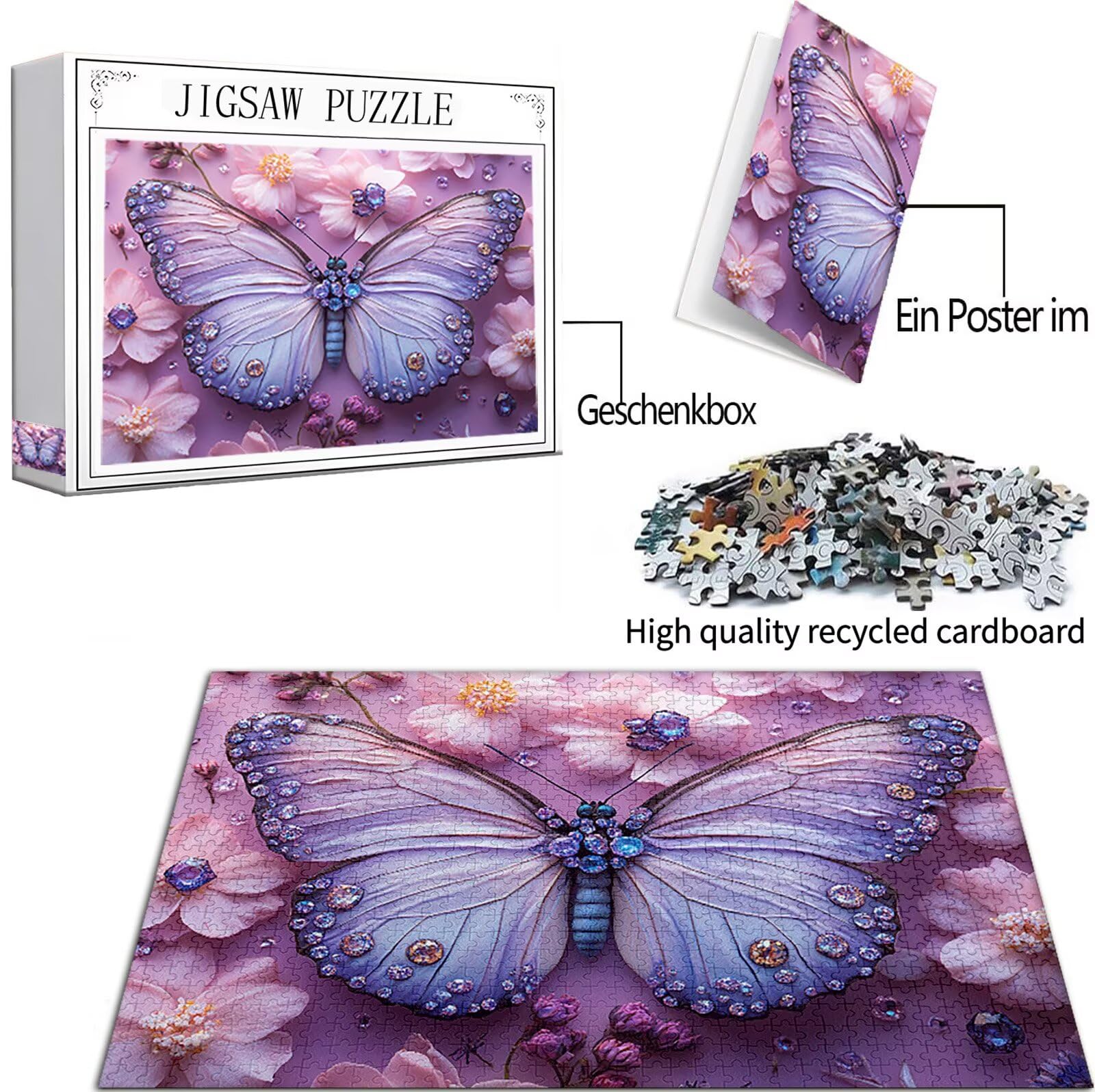 Motyl Puzzle 1000 sztuk, 5D DIY Puzzle Kwiaty Puzzle Dorośli i 14 lat Chłopcy, Układanka z pudełkiem prezentowym, Gry Relaks i Inteligencja, Wystrój pokoju na ścianę, 75 x 50 cm, Model264