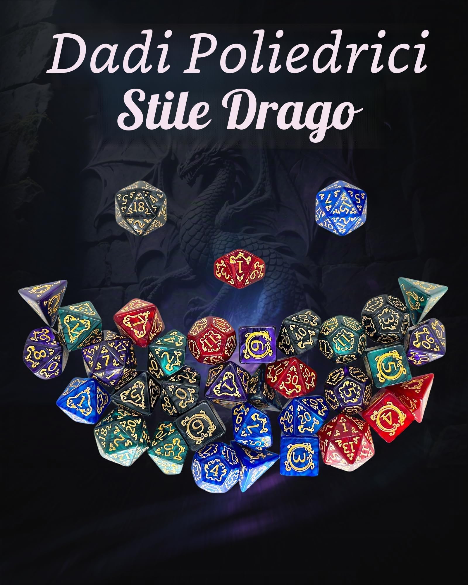 Set di Dadi Poliedrici, 35 Pezzi - 5 Set di Dadi per GDR con 1 Borsa per Dungeons and Dragons D&D RPG MTG Giochi da Tavolo, Include D20, D12, D8, D6, D4, D10 (0-9) e D10 (00-90)