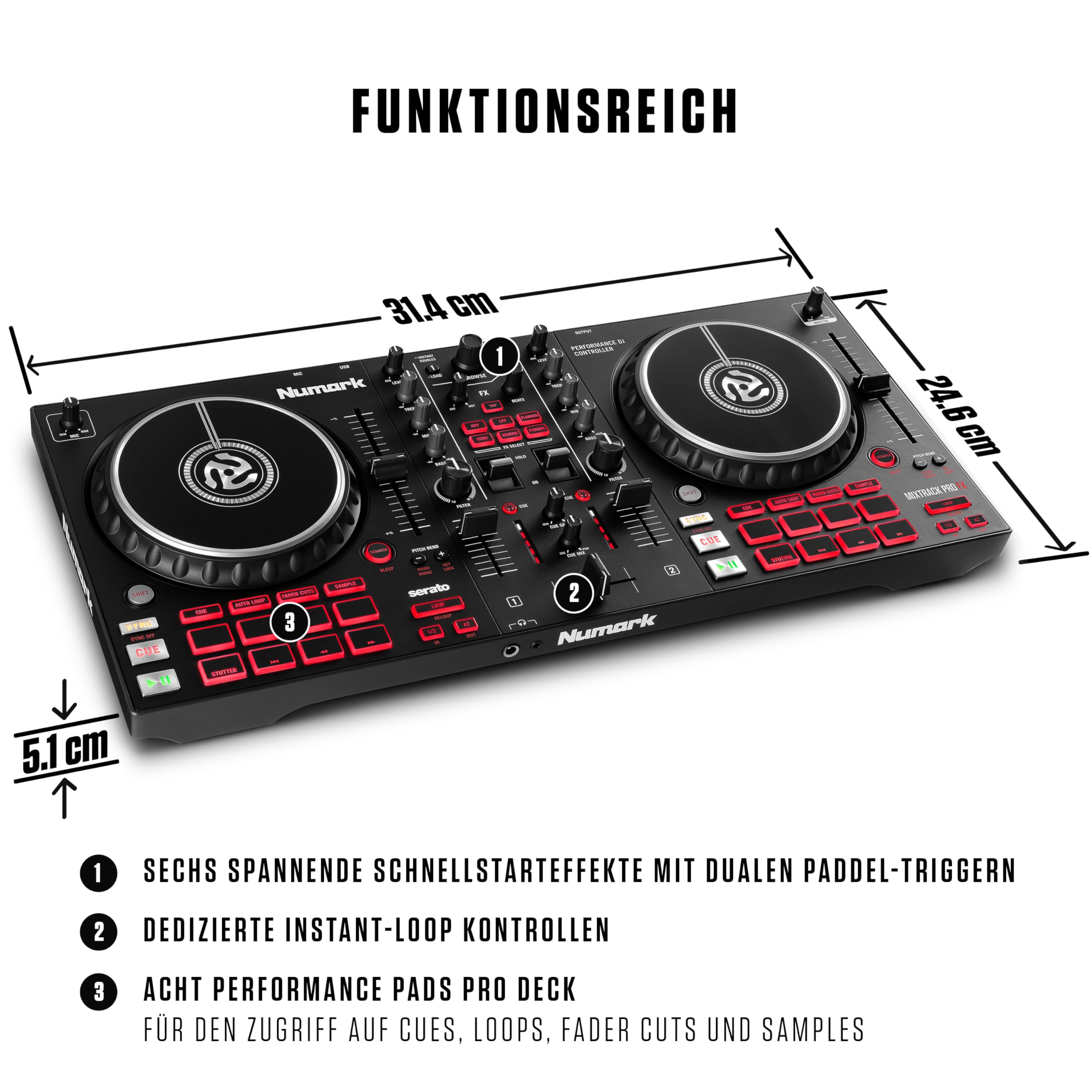 Numark Mixtrack Pro FX DJ Controller Pult mit 2-Deck Kontrolle, Integriertem Audio Interface, Jogwheel-Displays und Effektpaddeln, Serato DJ Enthalten