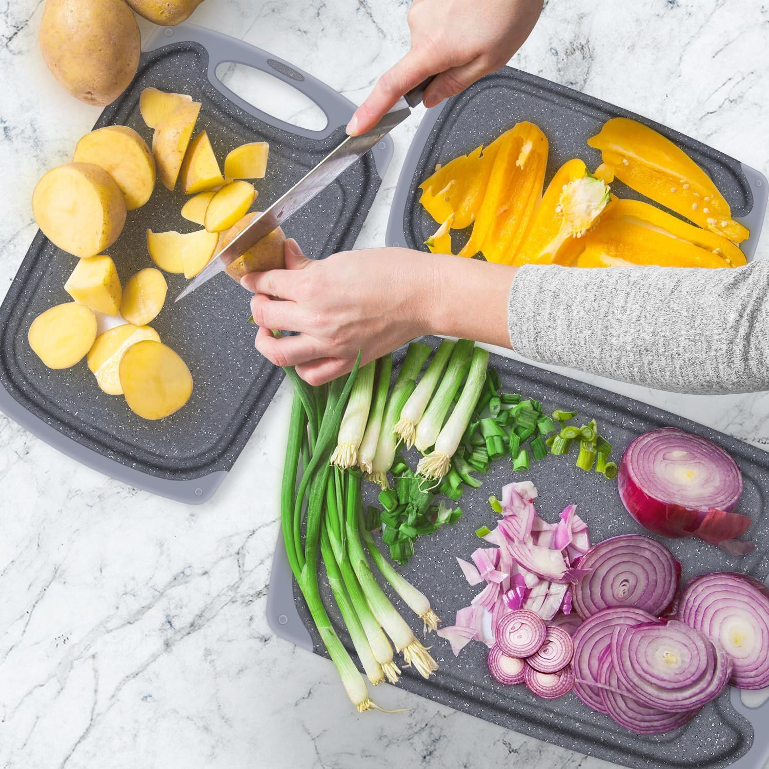 SHURFFY Grey 3pc Plastic Cutting Board Set (39.5x23.7cm, 31.4x19.8cm, 24.3x14.5cm), Non-Slip, Deep Drip Juice Groove - Image 2