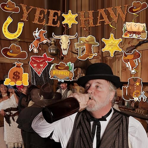 Miniatura 5 de Decoraciones de fiesta de cumpleaños del salvaje oeste, 29 piezas de decoraciones de fiesta de vaquero occidental de Yee Haw, remolinos colgantes