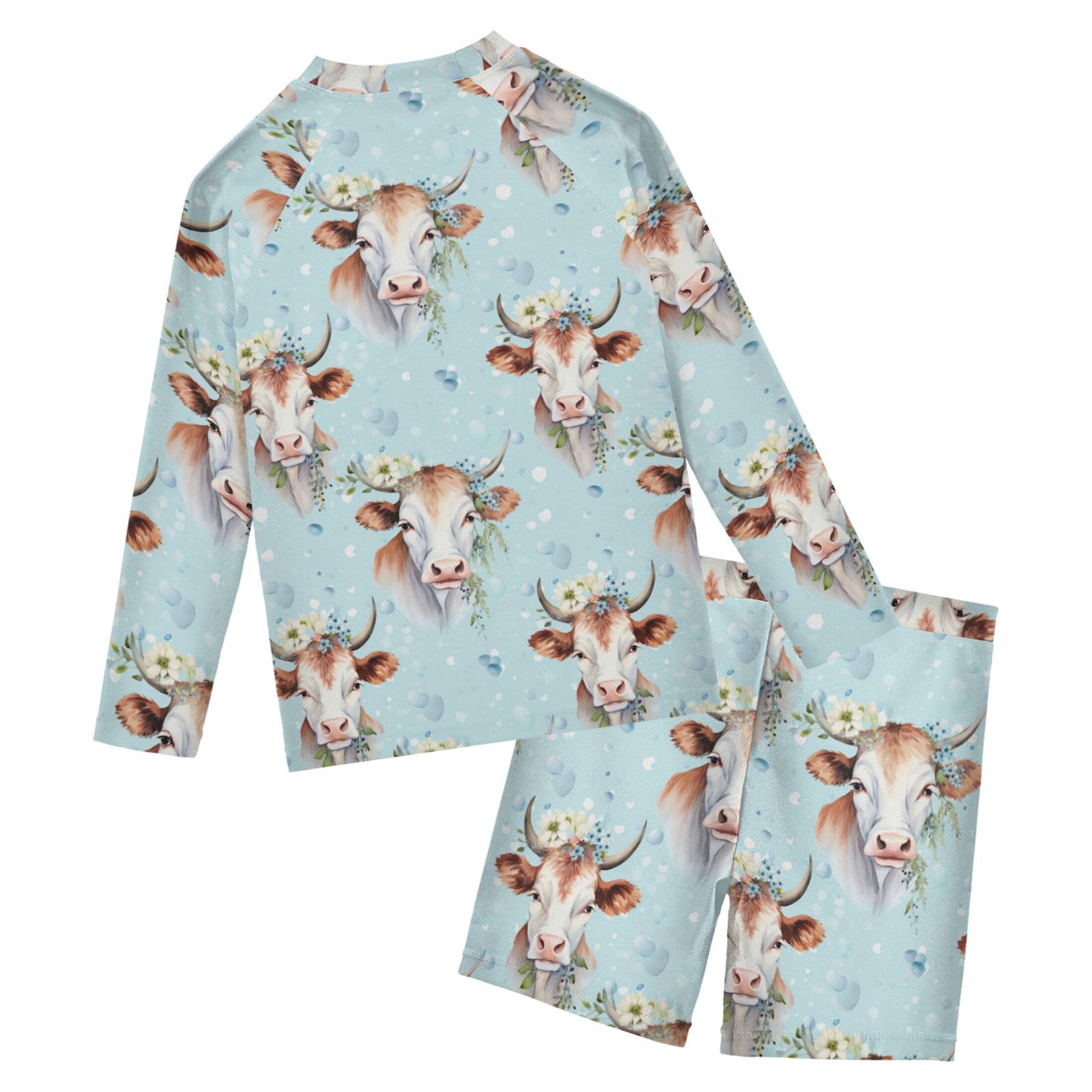 Cow Ox Flowers Boys Rash Guard Swimsuits Set for Boys Long Sleeve Swim Shirts Bathing Suits with Trunks B0402772