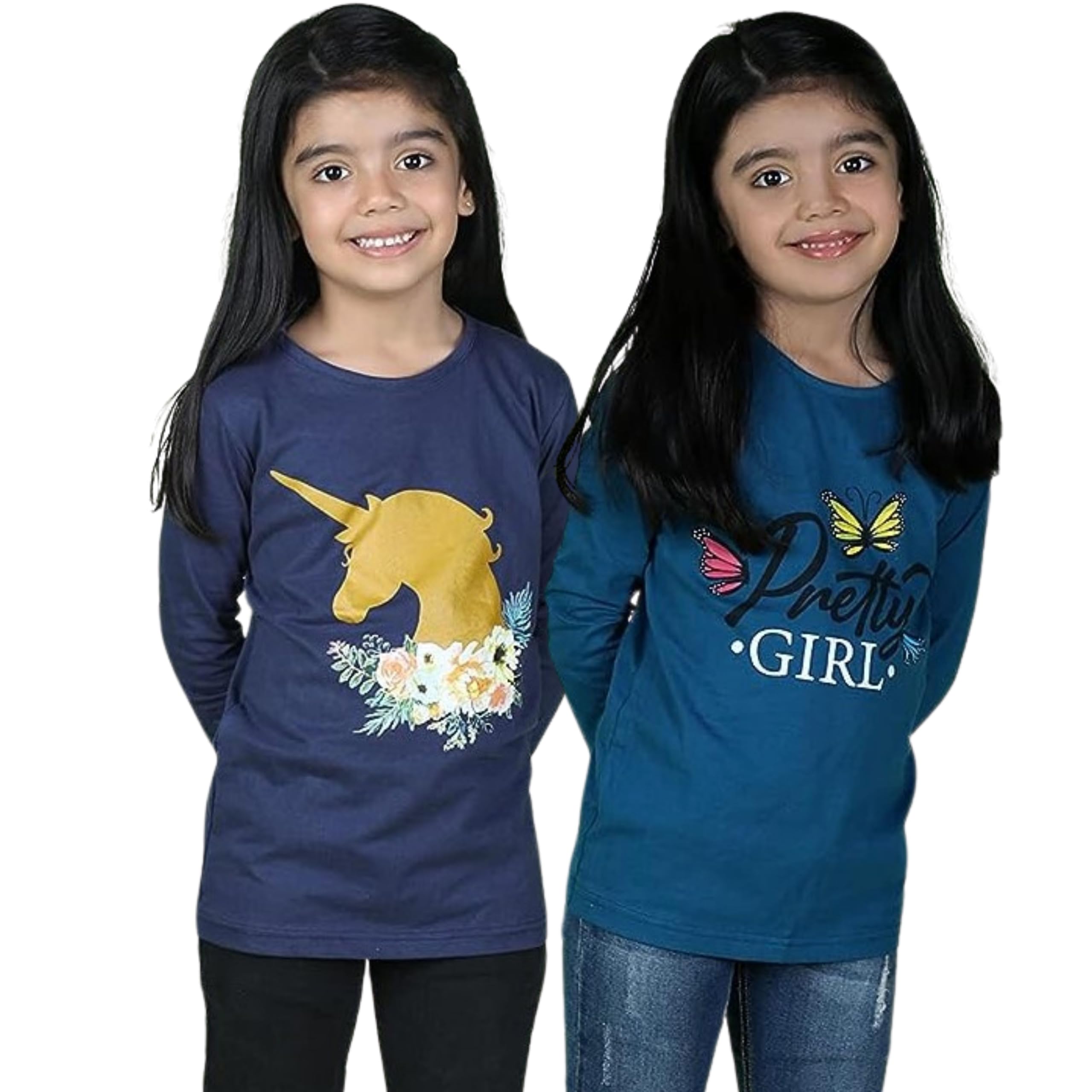 TotzTouch Girls Tshirt | Tee Shirt | T Shirt Premium Cotton Shimmering Unicorn Printed Long Sleeve Set of 2
