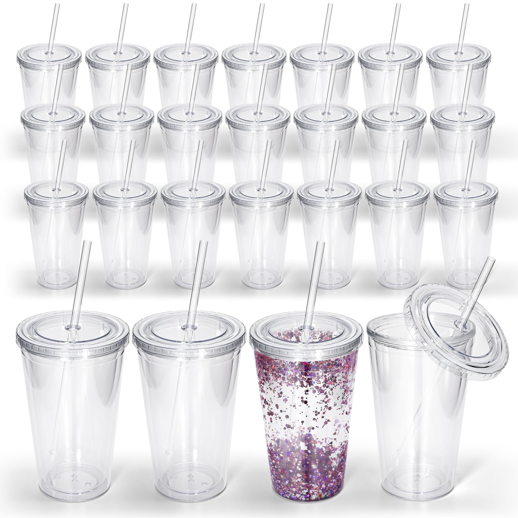 sweet grain Juego de 25 vasos acrílicos con tapa y popote, de 16 onzas, con aislamiento de plástico de doble pared, vaso grande reutilizable para café helado con purpurina