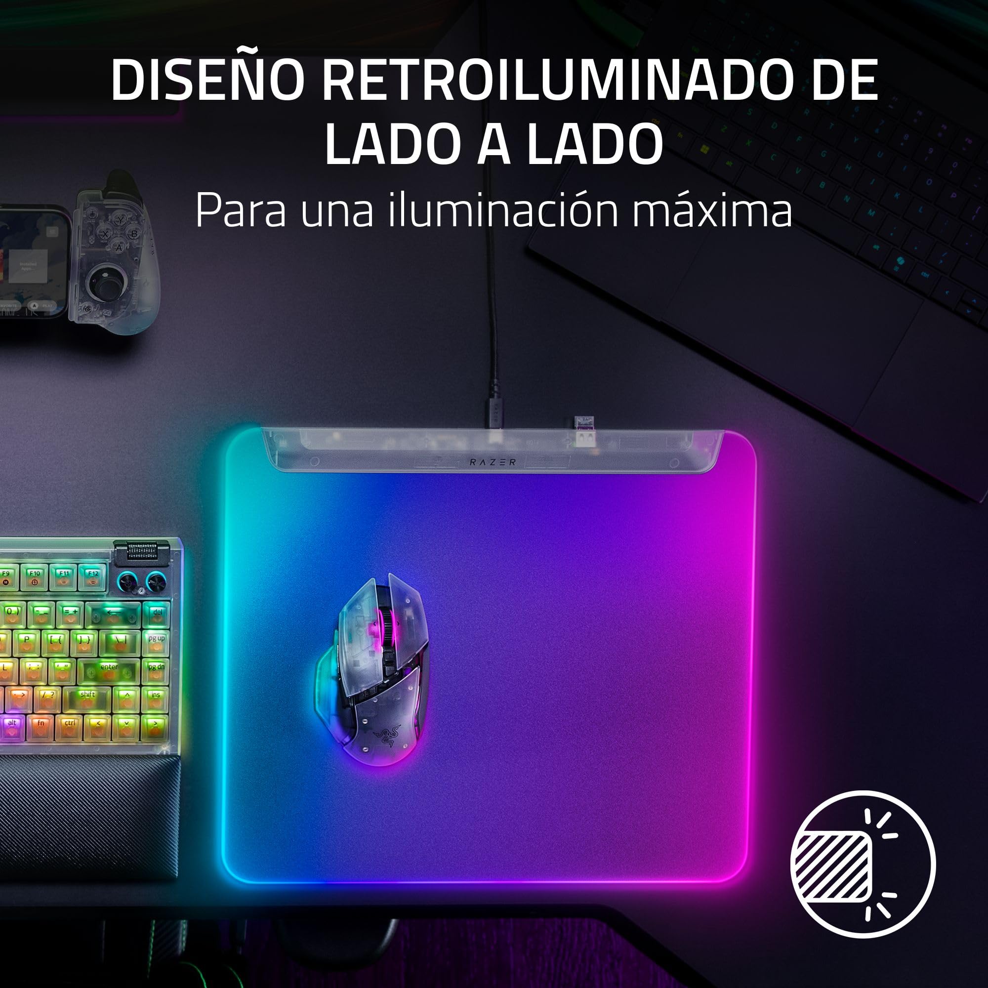 Razer Firefly V2 Pro Phantom White - Alfombrilla para ratón Gaming Totalmente iluminada RGB - Superficie microtexturizada - Base Antideslizante - USB-Hub - 360 x 278 mm | Edición Phantom White