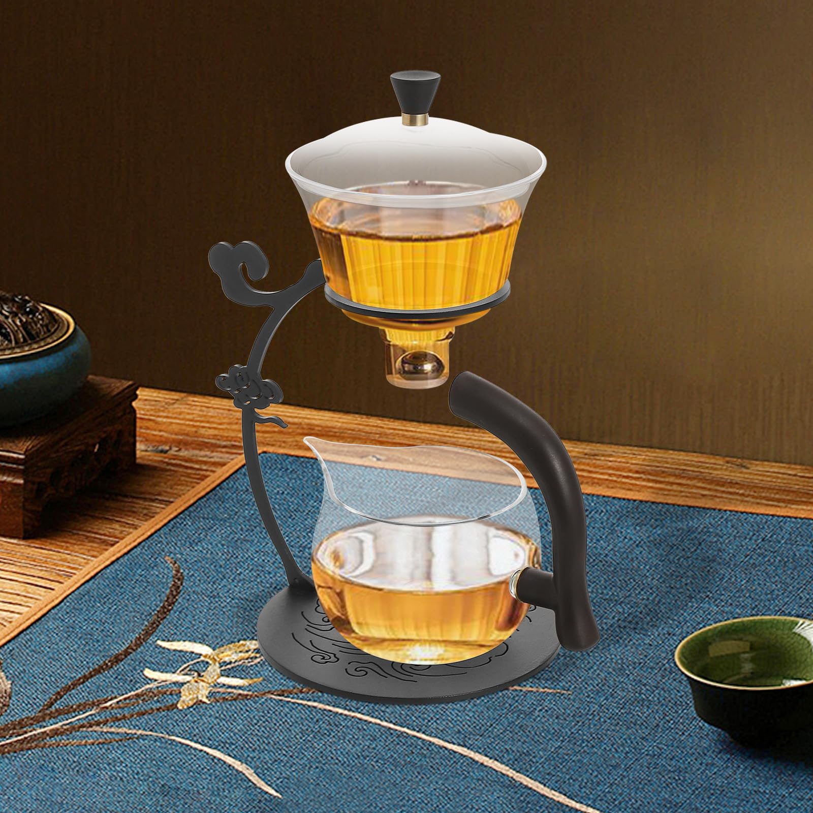 Glass Teapot Set Lazy Kungfu Tea Set Water Diversion Semi-Automatic Drip Rotating with Infuser, Solid Wood, High Borosilicate Glass