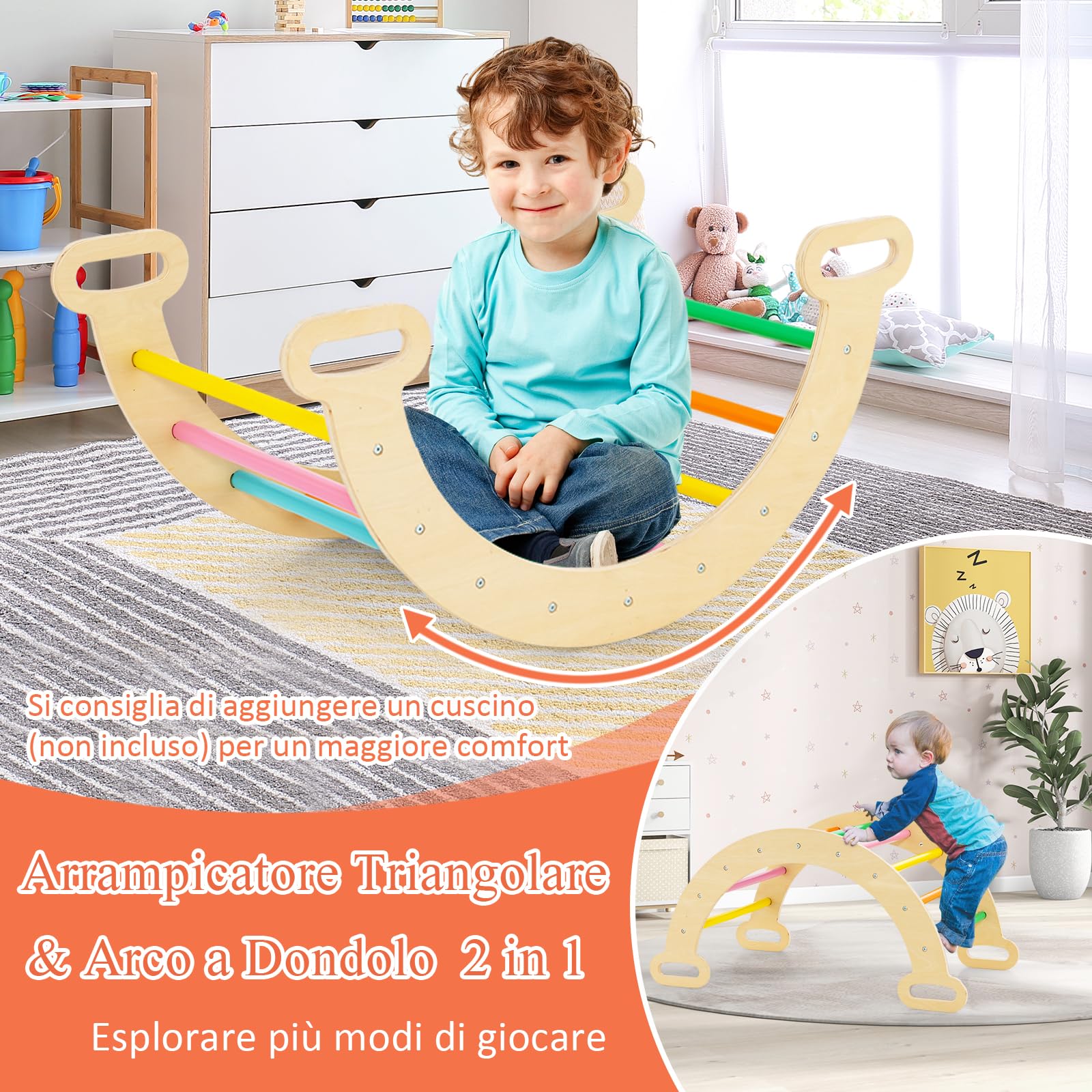 GYMAX 4 in 1 Set Arrampicata per Bambini con Scivolo,Triangolo di Arrampicata di Gioco in Legno, Giocattoli da Arco di Arrampicata, per Bambini 1 Anno+ (COLORATO)