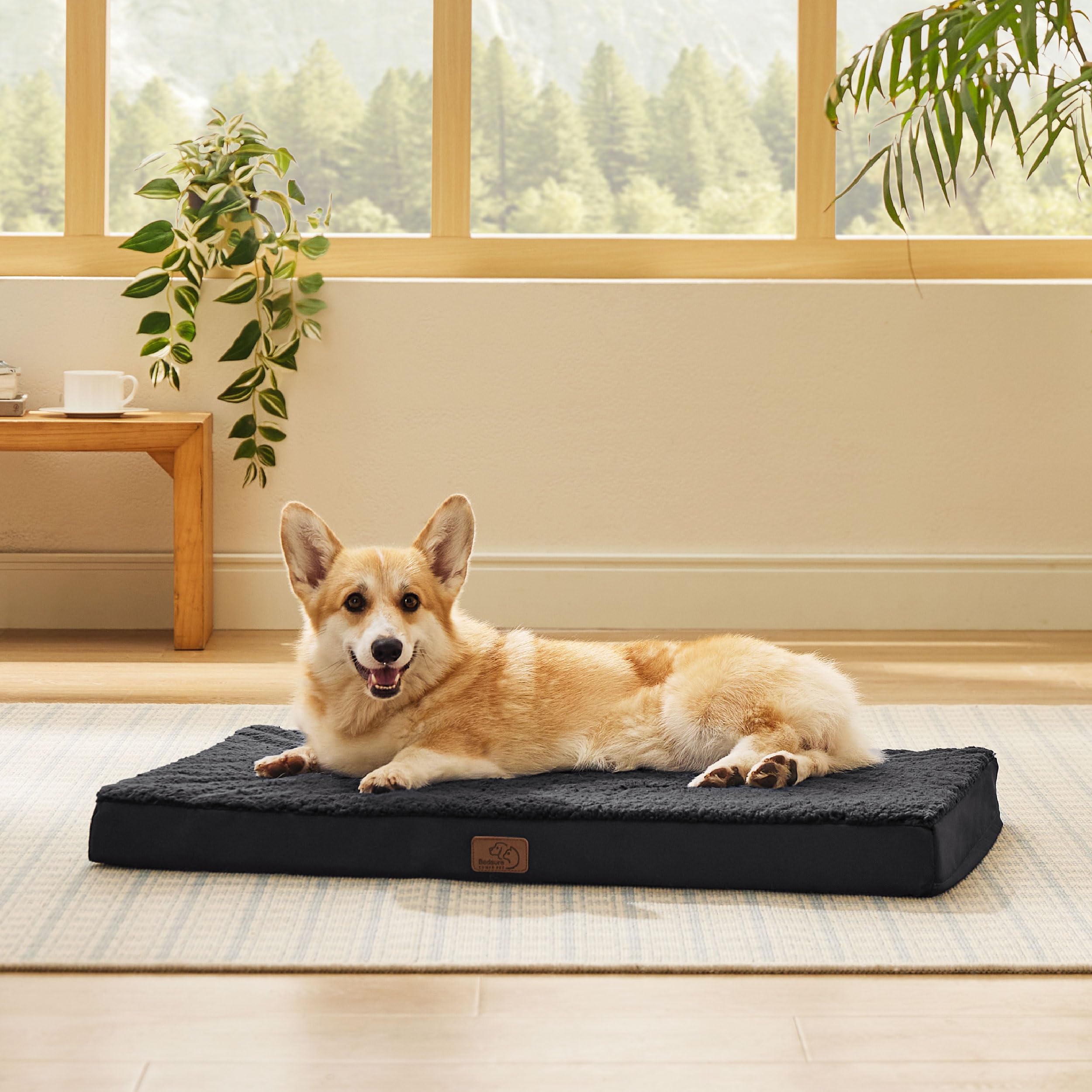 Bedsure, Letto per cani ortopedico, grande, lavabile, adatto per gabbie per cani, con fodera rimovibile in morbido pile Sherpa, nero, 89 x 56 x 7,6 cm