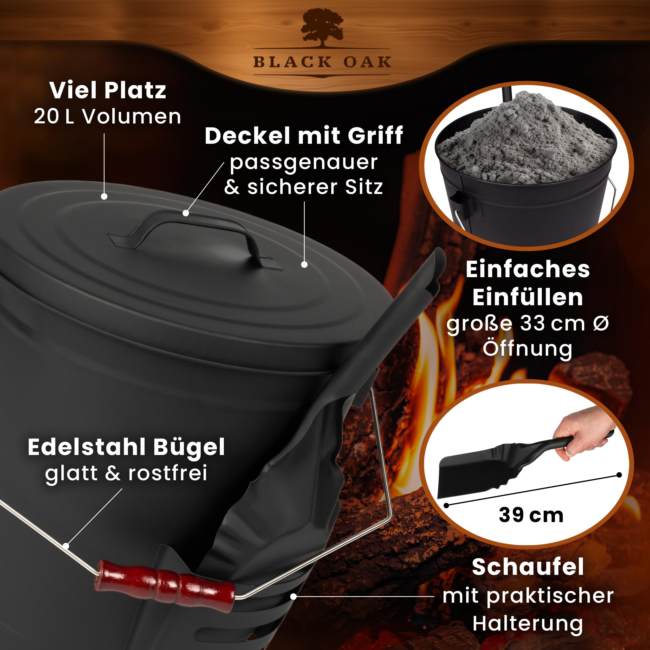 BLACK OAK Ascheeimer Stromboli 20L – schwarz mit Deckel & Schaufel - Bügel Silber - groß 20 Liter Stahl feuerfest verzinkt & pulverbeschichtet Asche & Kohle Eimer Zubehör Kamin Kachelofen Holzofen
