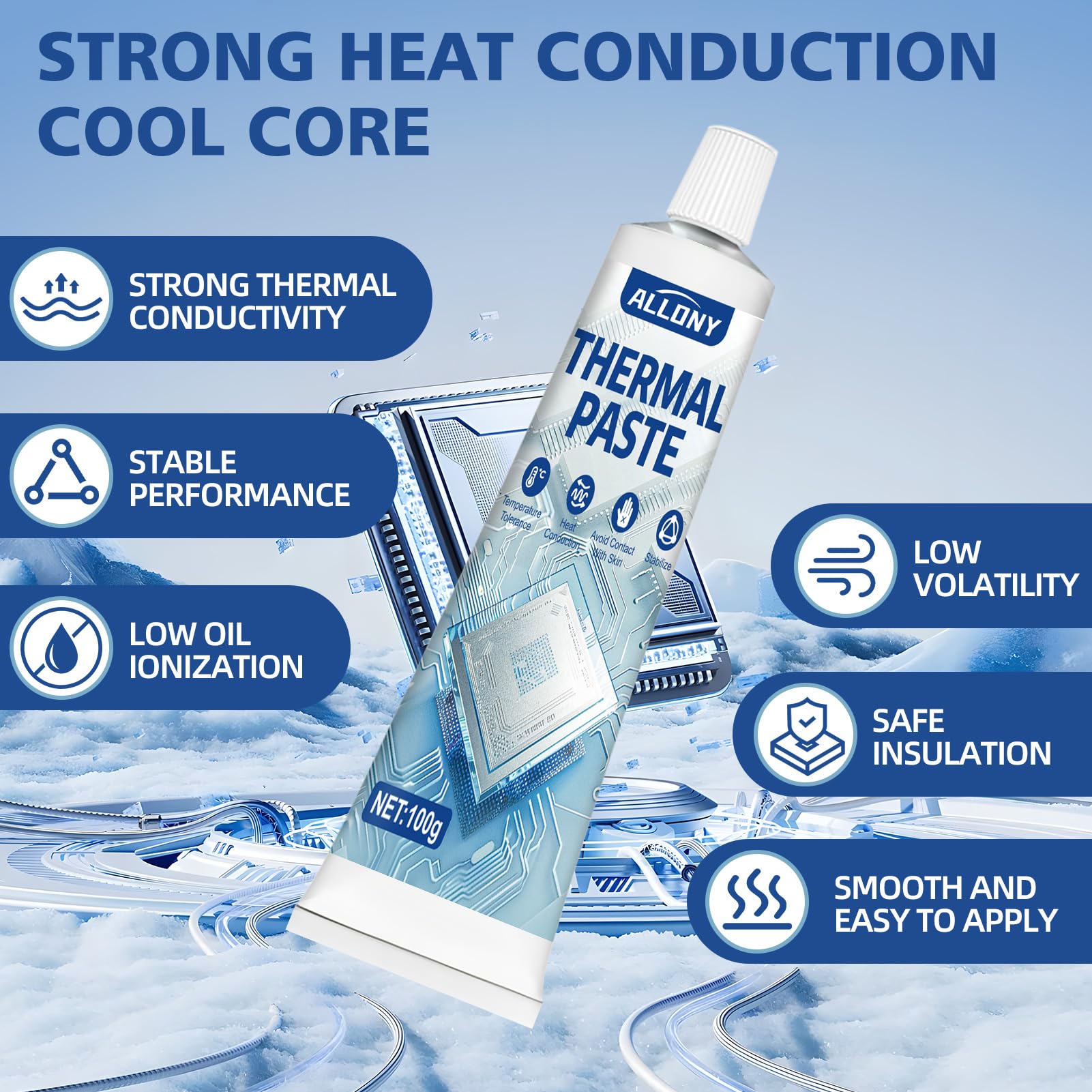 Allony Thermal Paste, CPU Cooler, Pasta Termica CPU, Premium Performance Pasta Termica CPU, Unga Durabilità, Adatta per Tutti i Processori (CPU, GPU, PS4), Bianco Pasta Termica, 100g