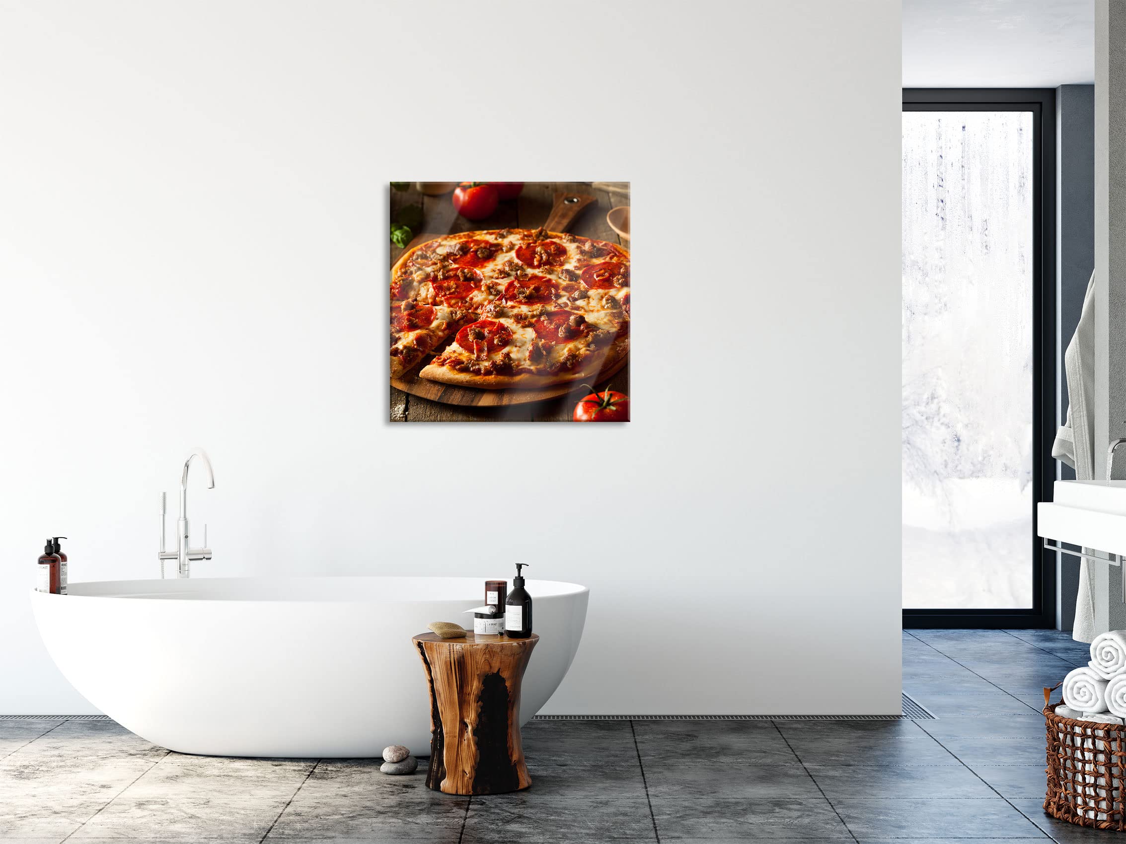 Pixxprint Glasbild, Wandbild auf Echtglas, Pizza mit Salami und Tomaten, 80x80 cm, inkl. Aufhängung und Abstandshalter