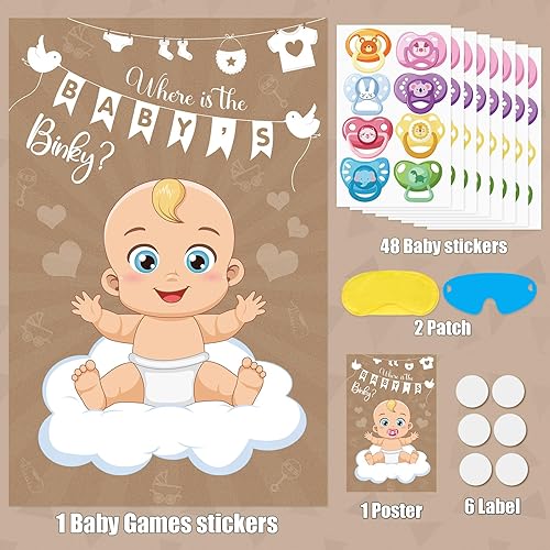 Miniatura 2 de Pin The Pacifier On The Baby Game Póster de juegos de chupetes con 64 calcomanías para chupetes para baby shower, regalos de fiesta, suministros de