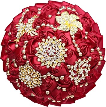 Wedding Bride Bouquet 8 Inch Red Pink Satin Rose Bridesmaid Brooch Bouquet for Wedding Quinceanera French Style Indoor Outdoor Church Garden Wedding Bridal Shower Toss Bouquet Burgundy