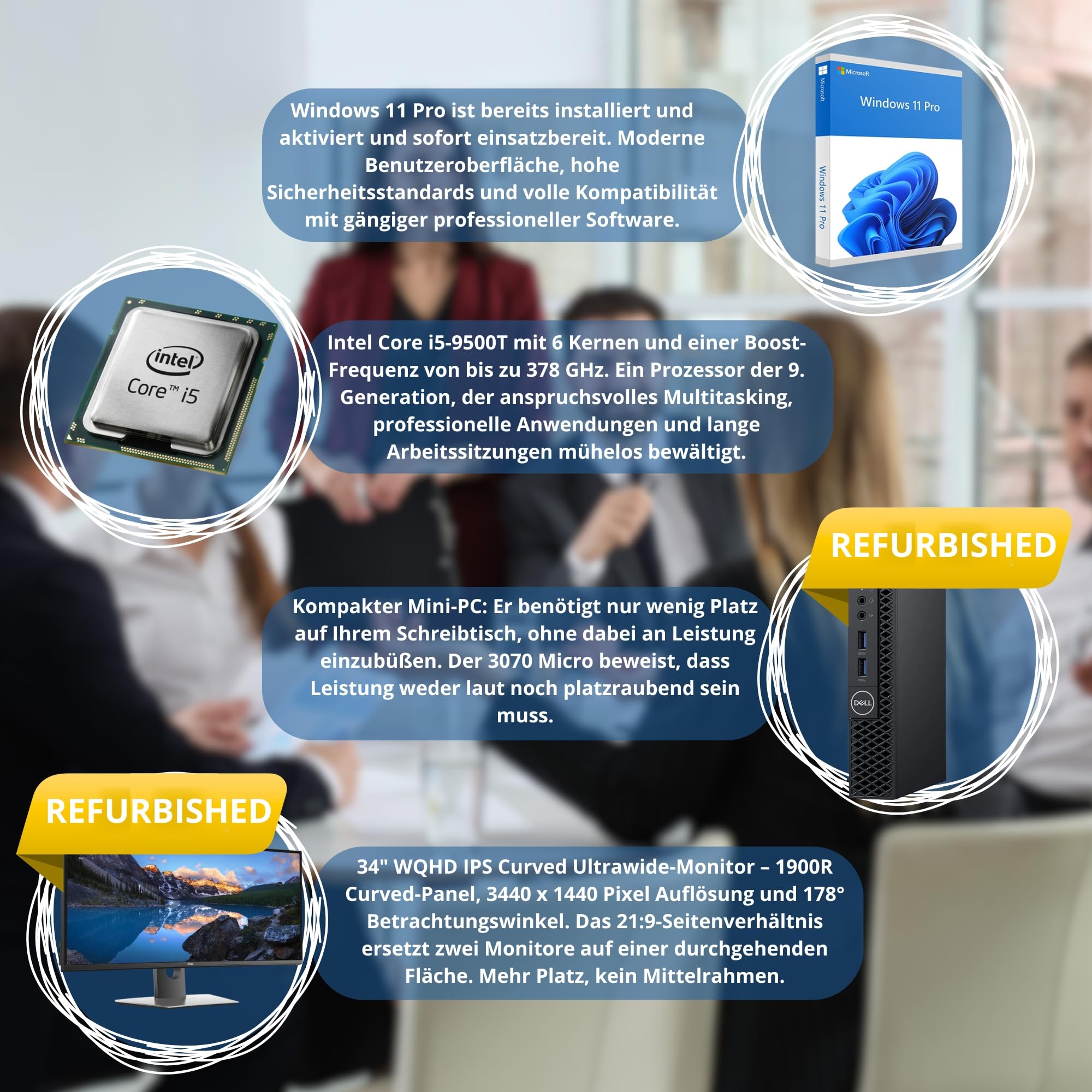 Generalüberholtes Business-PC-Bundle: Komplette Workstation (Mini-PC) + 34" UltraWide Curved Monitor WQHD 3440×1440 IPS | 16 GB RAM | 512 GB NVMe SSD | Windows 11 Pro | 36 Monate Garantie