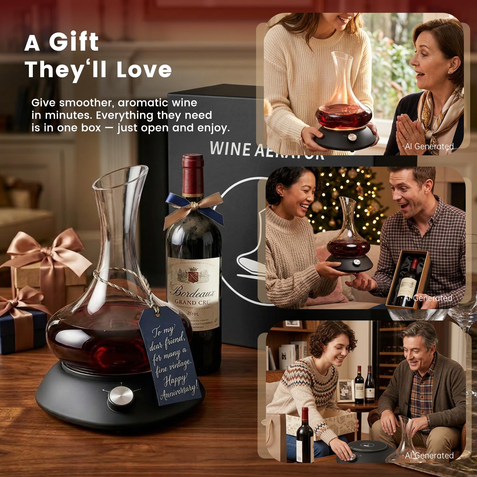 Carafe à vin noire avec shaker électrique, aérateur de vin à rotation automatique.