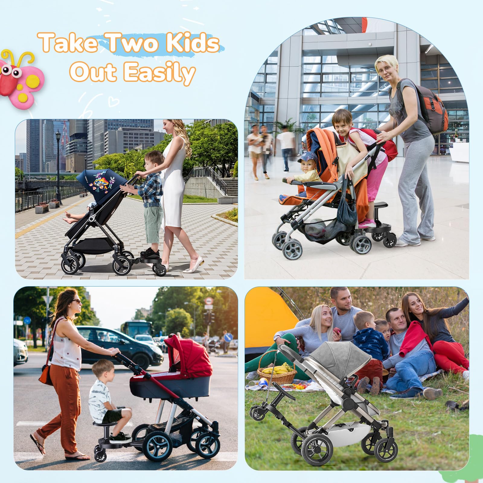Buggy Board mit Größerem Sitz, Trittbrett für Kinderwagen Universal für Kinder von 2-6 Jahren(25KG), passt auf 99% aller Kinderwagen, einfache Installation, für Familien mit zwei Kindern